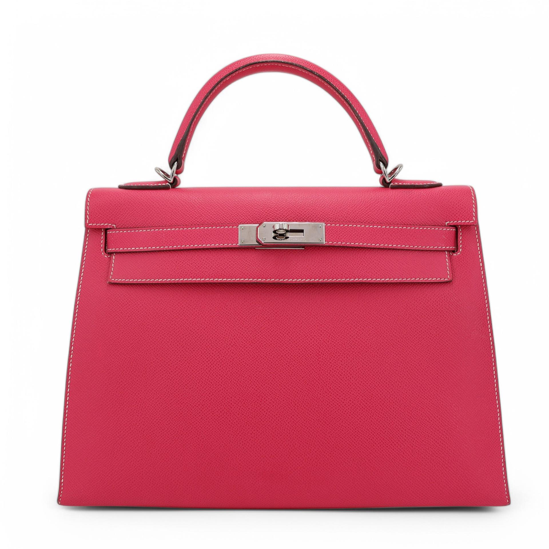 Very Good ( Rank A) HERMÈS Kelly 32 Sellier Rose Tyrien (E5) Epsom Palladium hardware Square Q (2013) - 1