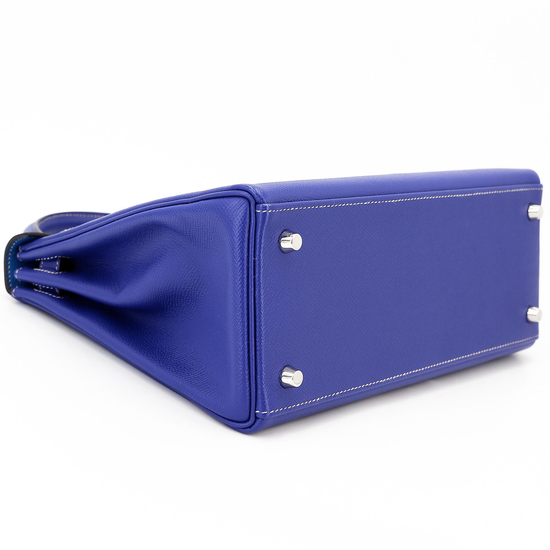 Very Good ( Rank A) HERMÈS Kelly 28 Verso Bleu Electrique (7T) Bleu de Prusse (7P) Epsom Palladium hardware Square P (2012) - 5