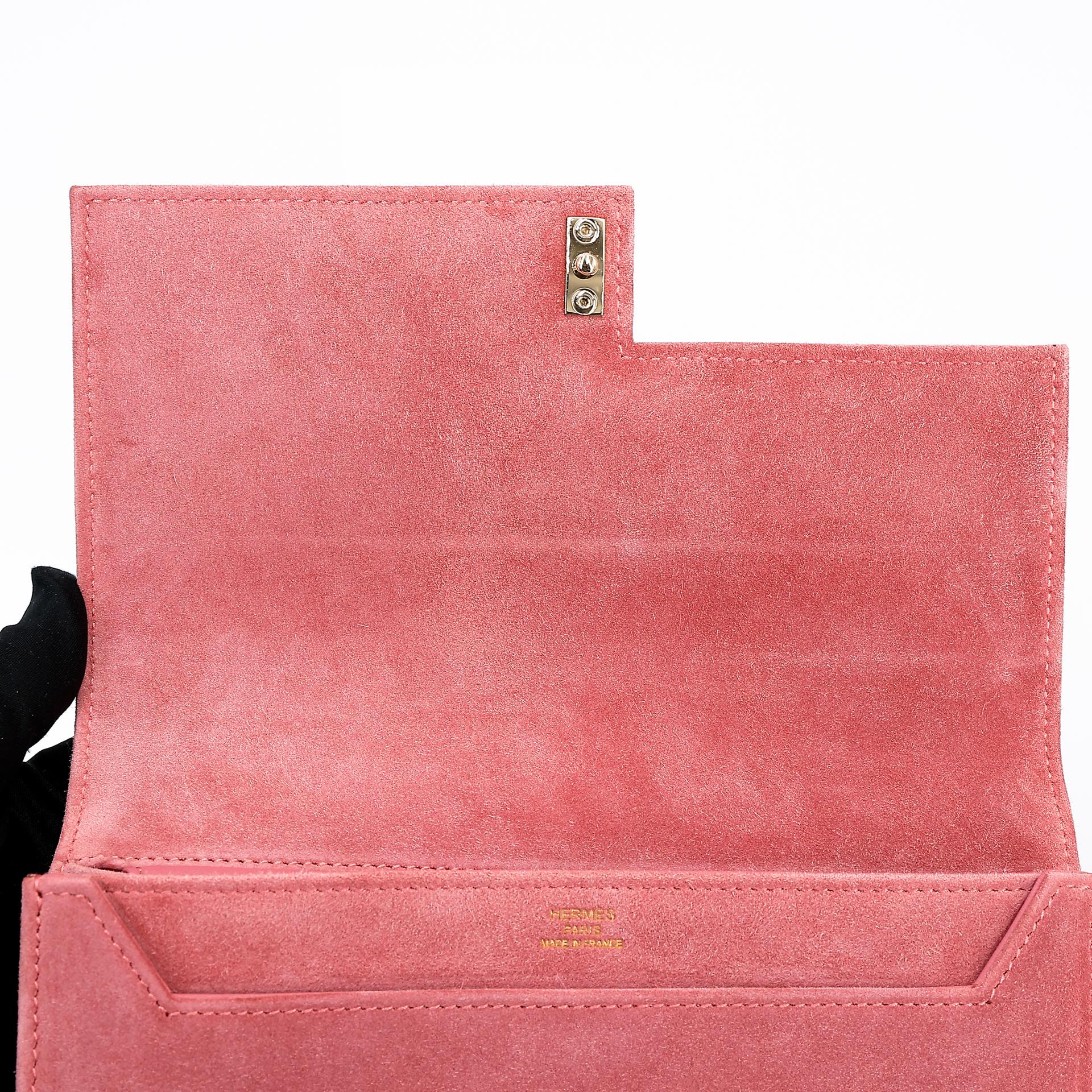 Excellent ( Rank SA ) HERMÈS Verrou 21 Clutch Rose Indien (5N) Doblis Suede Permabrass hardware Square R (2014) - 15
