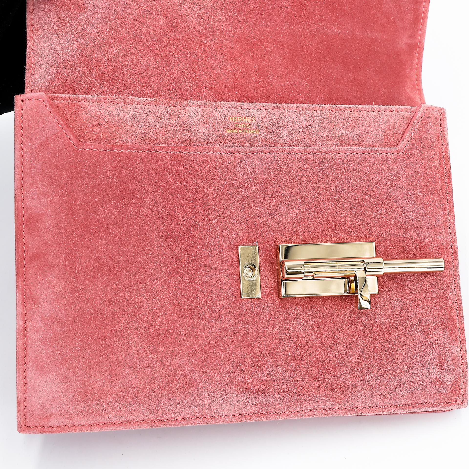 Excellent ( Rank SA ) HERMÈS Verrou 21 Clutch Rose Indien (5N) Doblis Suede Permabrass hardware Square R (2014) - 17