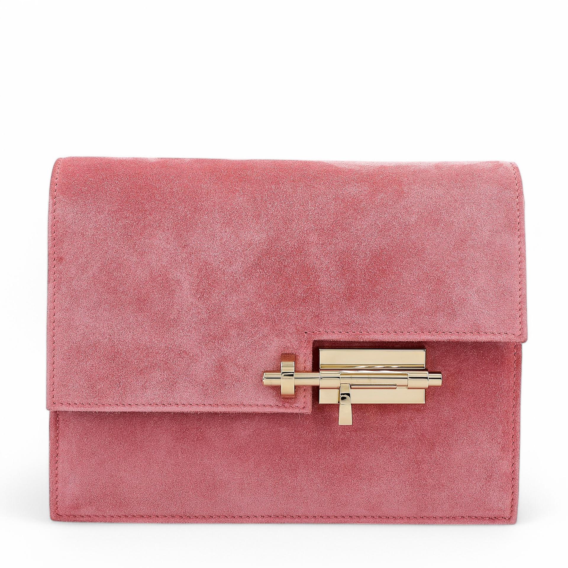 Excellent ( Rank SA ) HERMÈS Verrou 21 Clutch Rose Indien (5N) Doblis Suede Permabrass hardware Square R (2014) - 1