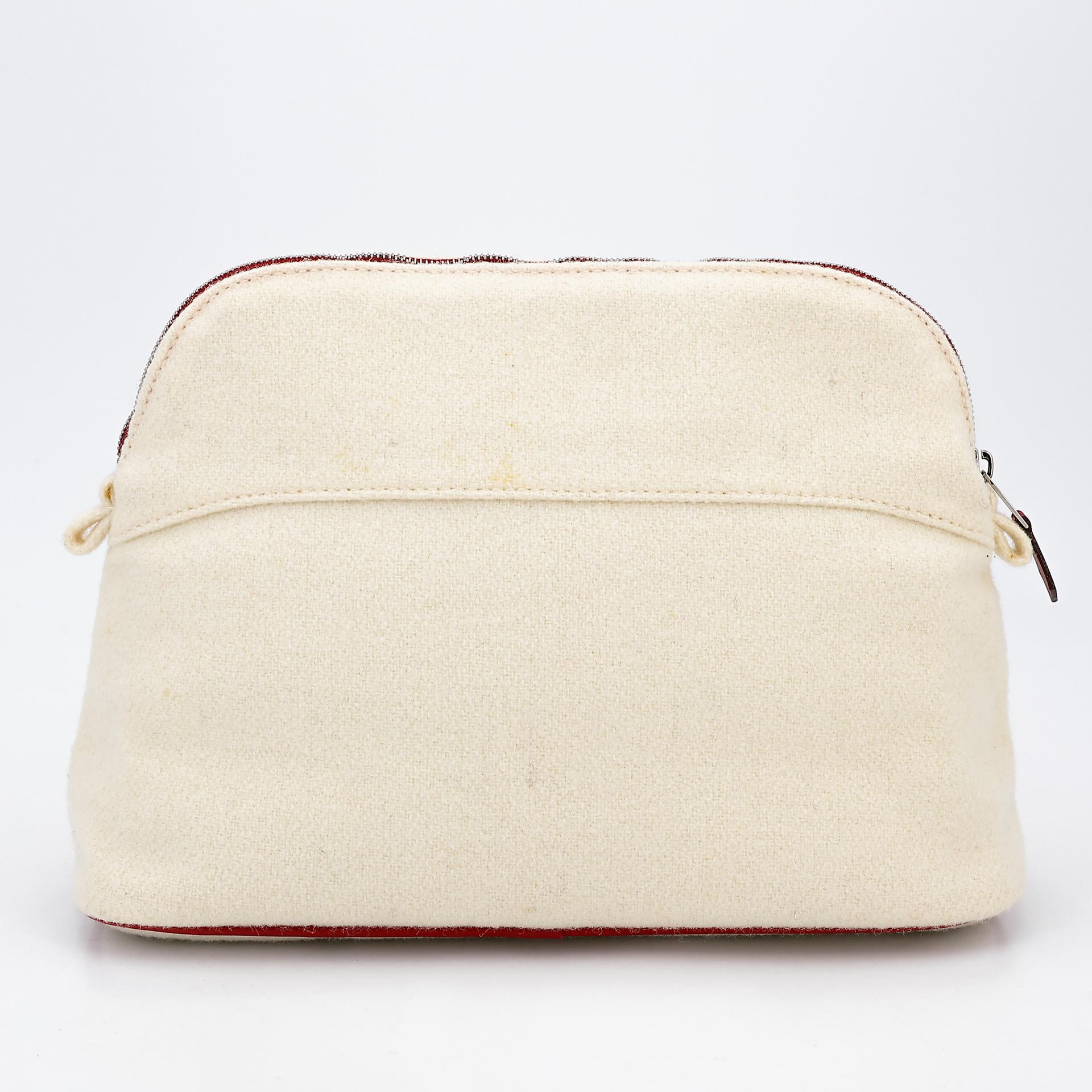 A美品 HERMÈS 愛馬仕 Bolide Zip Top PM 化妝包 米色 Beige 羊毛 銀扣 - 3