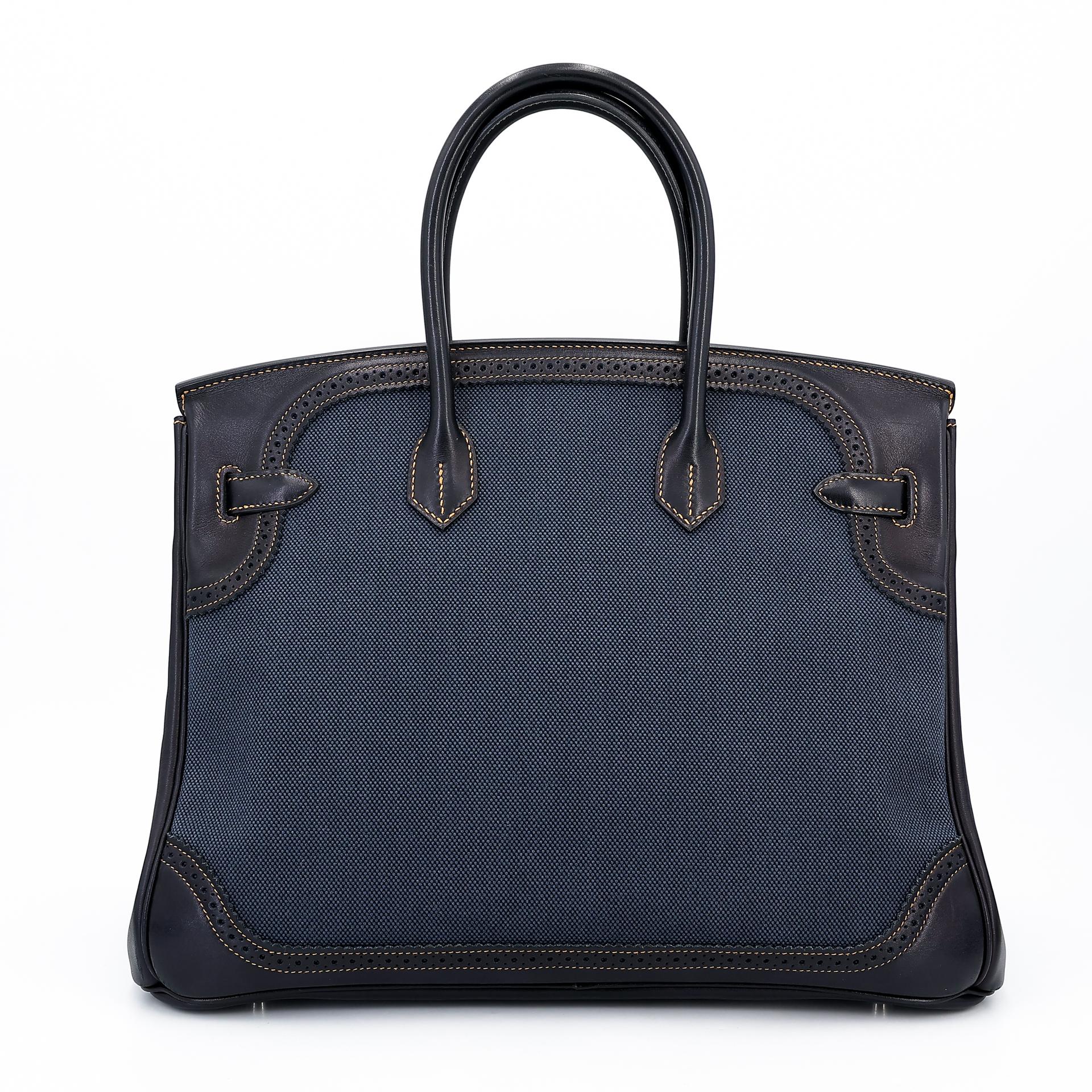 中古AB HERMÈS 爱马仕 Birkin Ghillies 35 Fonce Denim 89 黑色 Noir 帆布 Evercalf皮 拉丝银扣 □P刻 2012年 - 2
