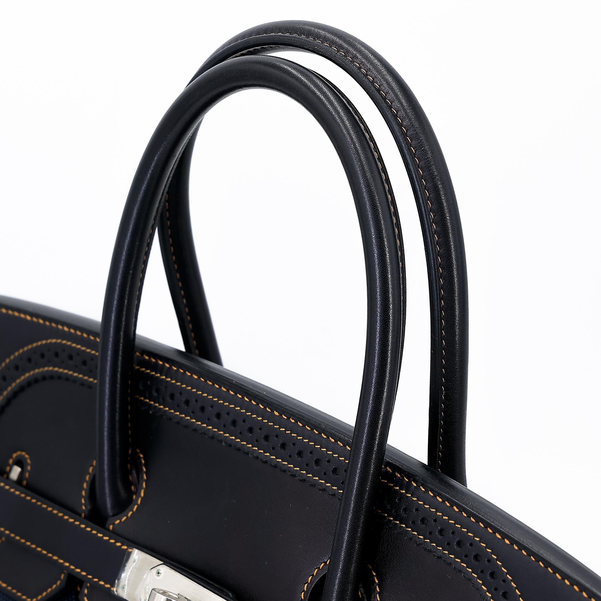 中古AB HERMÈS 爱马仕 Birkin Ghillies 35 Fonce Denim 89 黑色 Noir 帆布 Evercalf皮 拉丝银扣 □P刻 2012年 - 3
