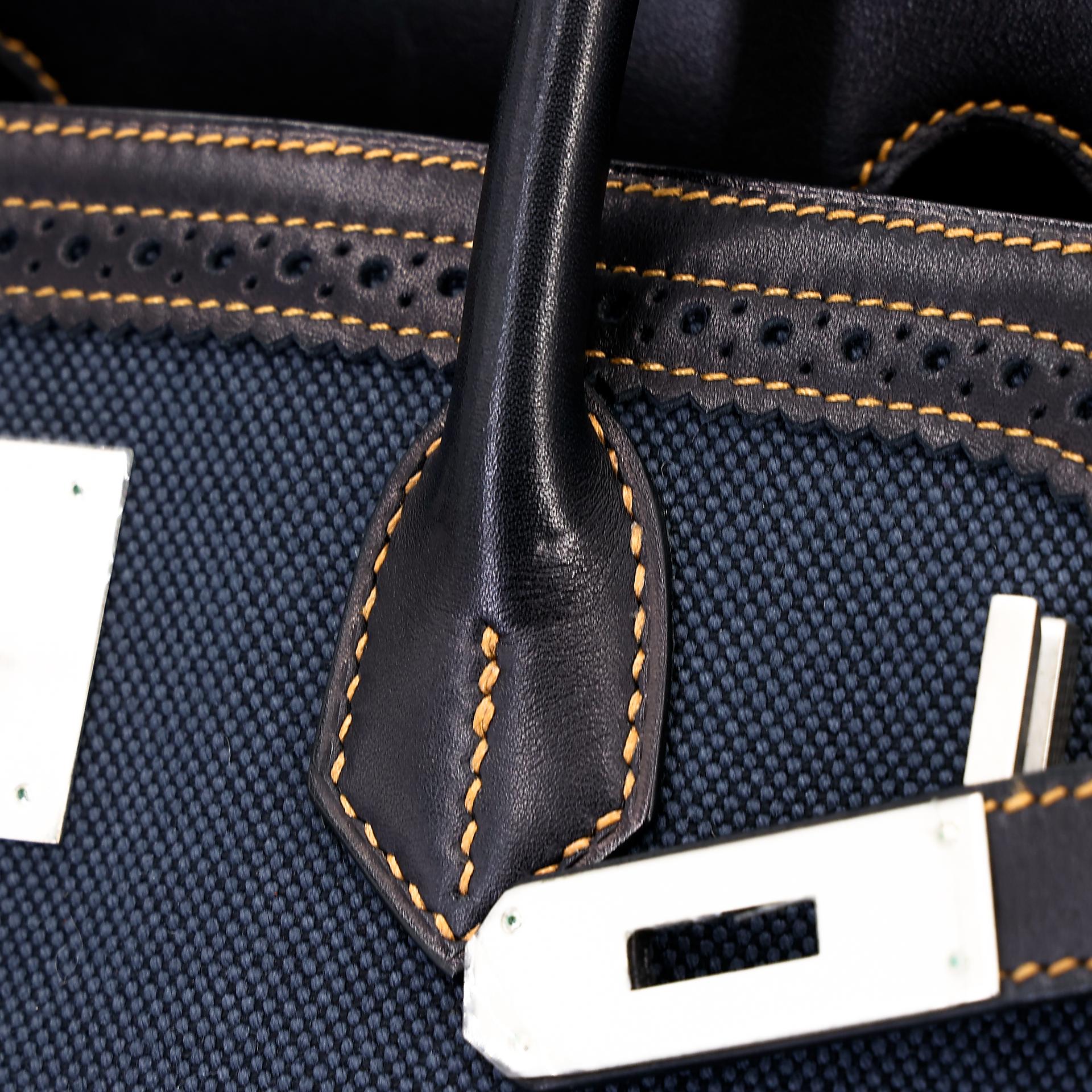 中古AB HERMÈS 爱马仕 Birkin Ghillies 35 Fonce Denim 89 黑色 Noir 帆布 Evercalf皮 拉丝银扣 □P刻 2012年 - 10