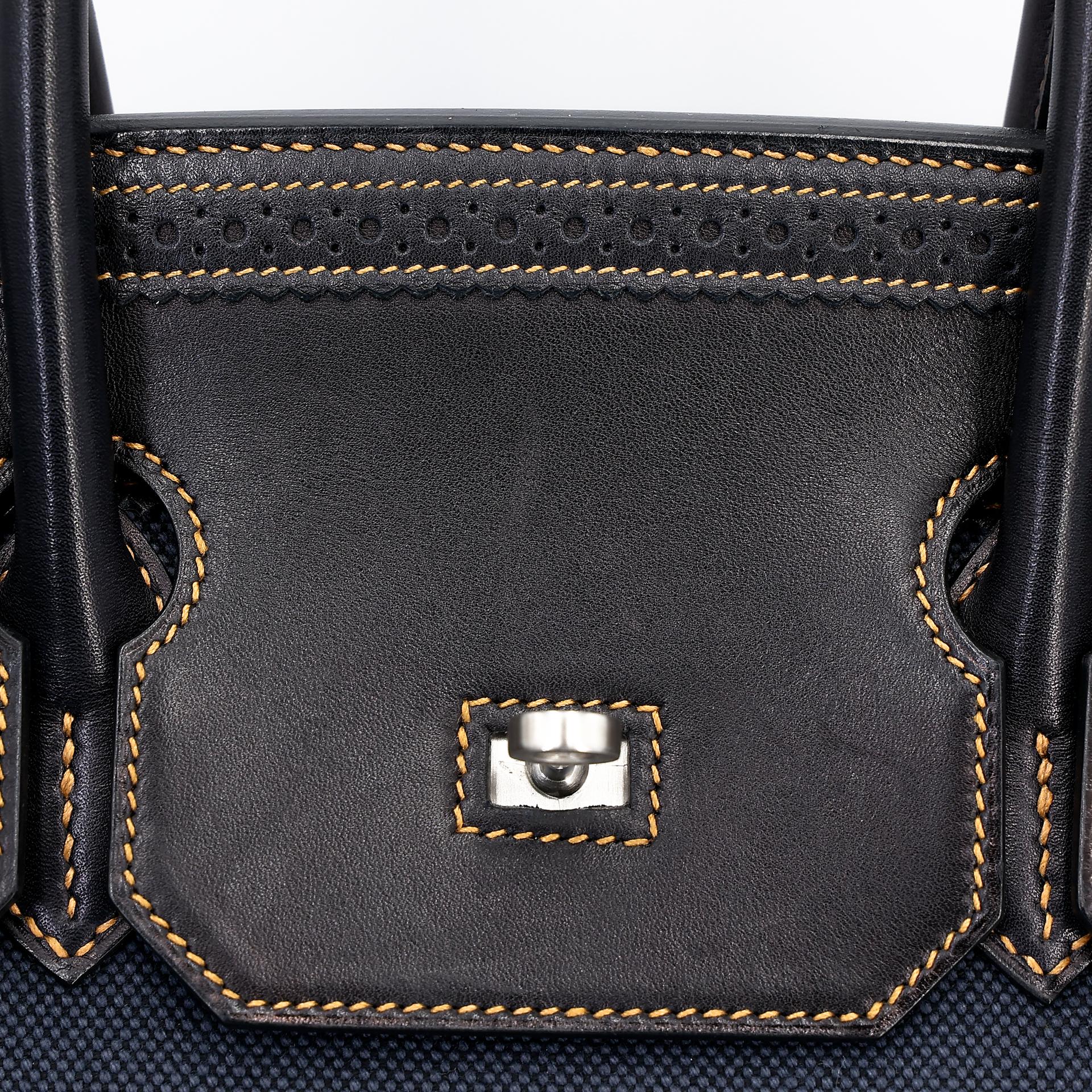 中古AB HERMÈS 爱马仕 Birkin Ghillies 35 Fonce Denim 89 黑色 Noir 帆布 Evercalf皮 拉丝银扣 □P刻 2012年 - 15