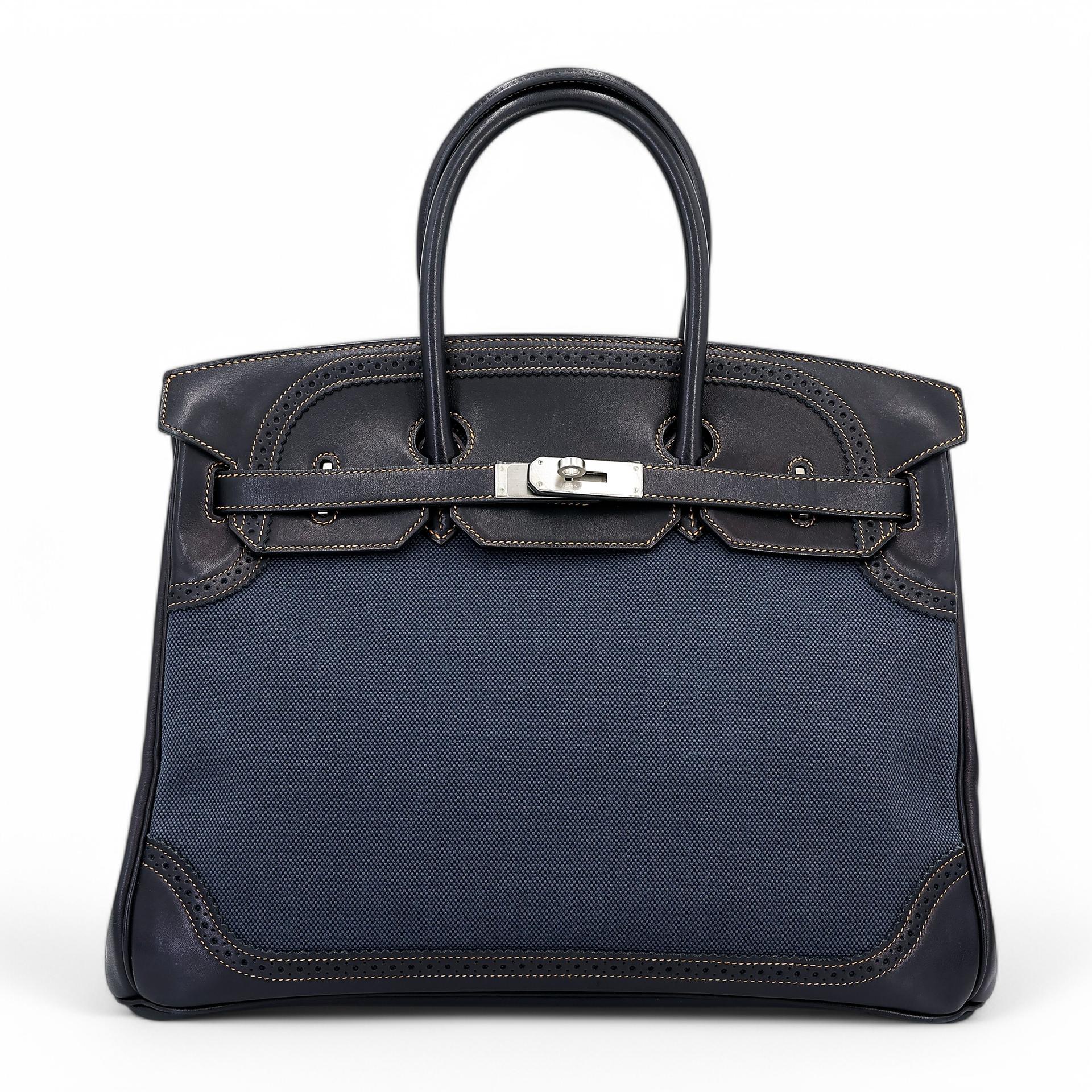 中古AB HERMÈS 爱马仕 Birkin Ghillies 35 Fonce Denim 89 黑色 Noir 帆布 Evercalf皮 拉丝银扣 □P刻 2012年 - 1
