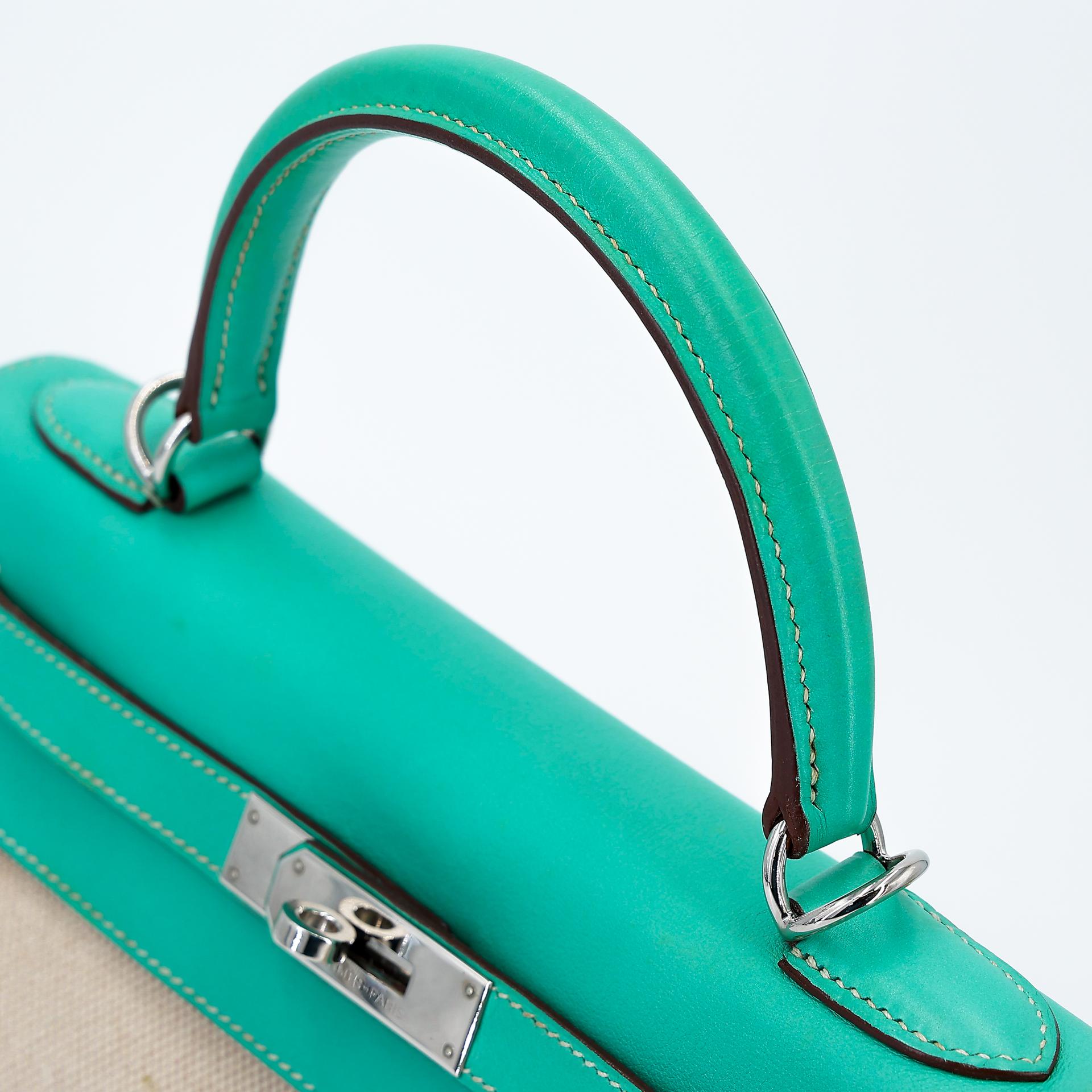 A美品 HERMÈS 愛馬仕 Kelly 28 7V 湖水綠 Lagon 帆布 Swift牛皮 銀扣 □L刻 2008年 - 3