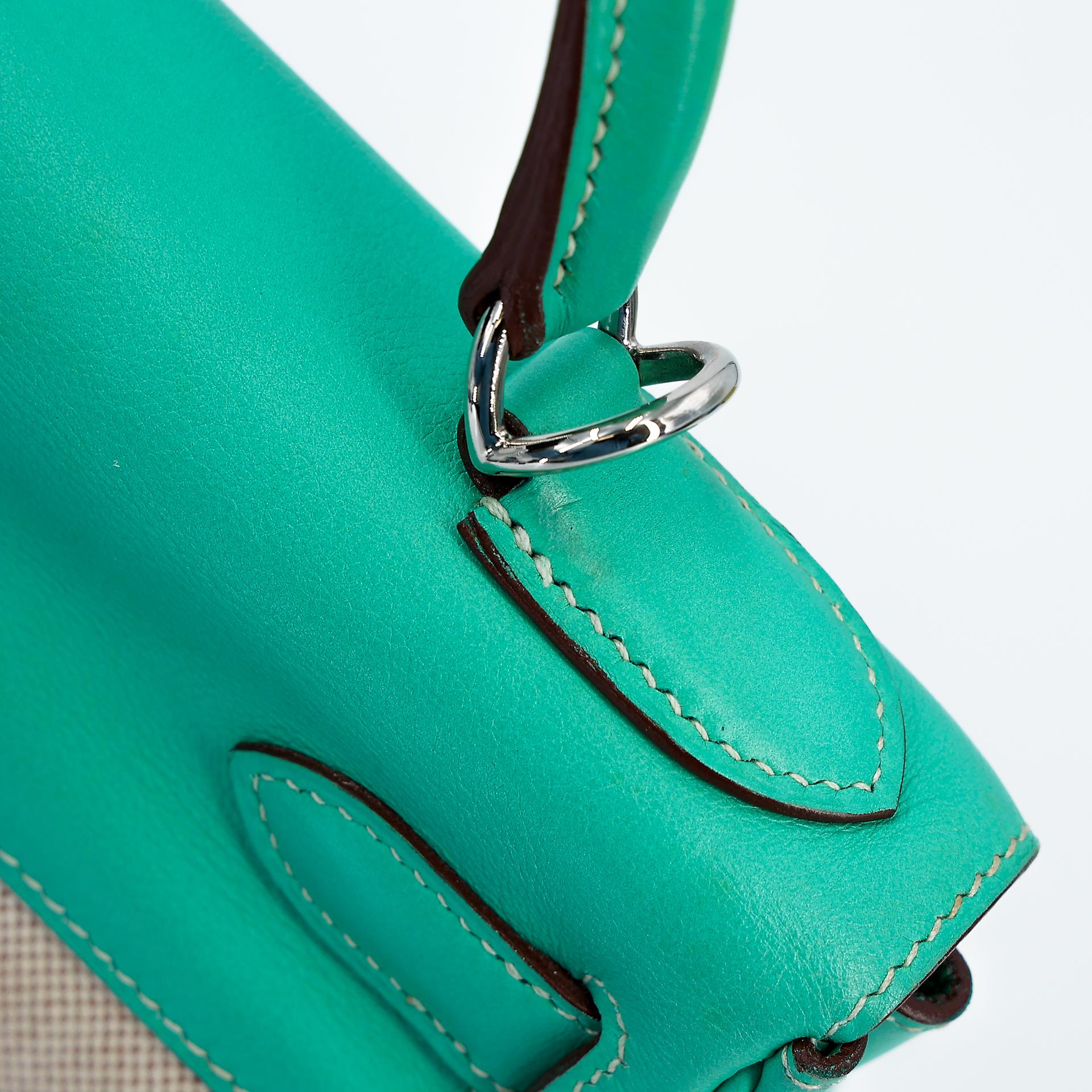 A美品 HERMÈS 愛馬仕 Kelly 28 7V 湖水綠 Lagon 帆布 Swift牛皮 銀扣 □L刻 2008年 - 16