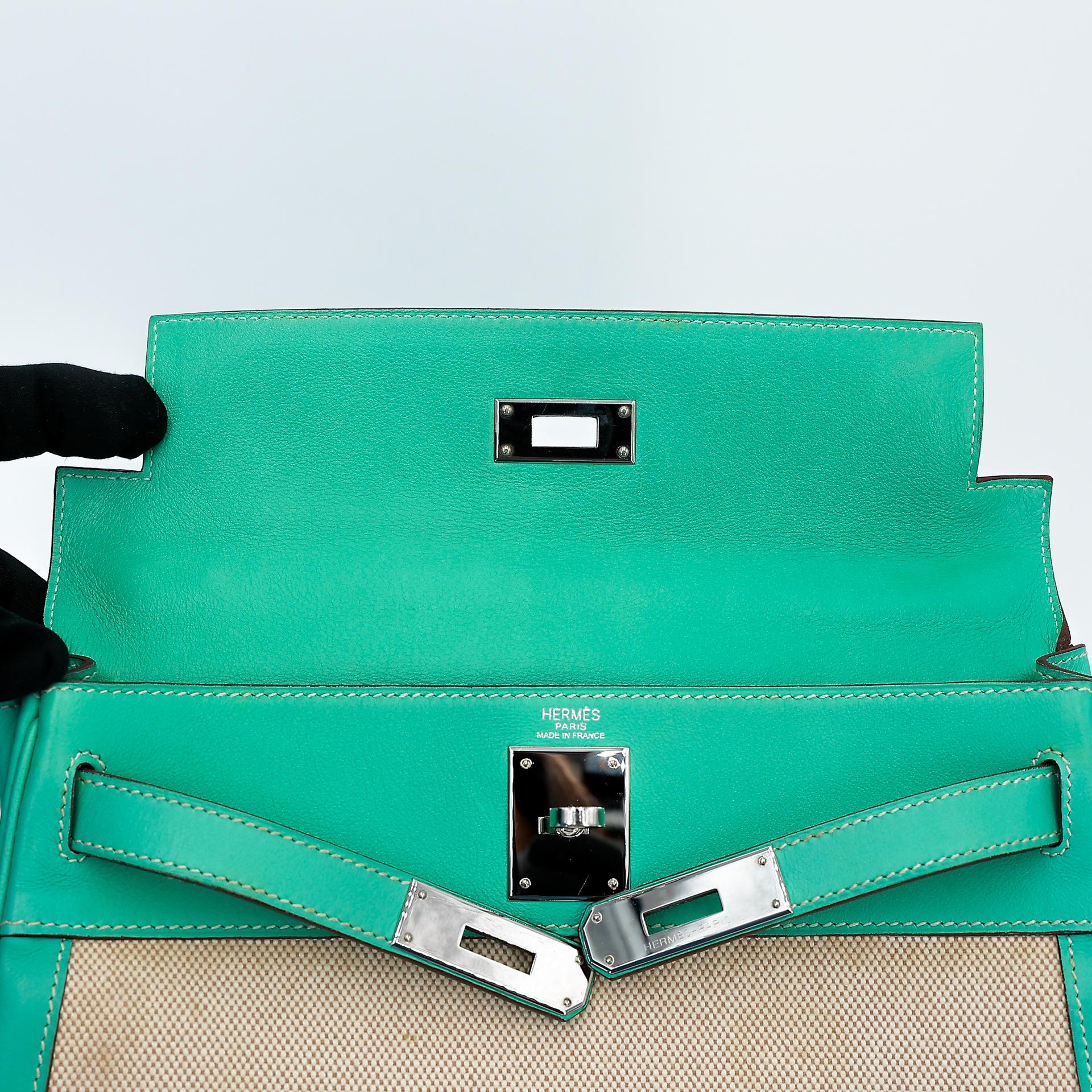 A美品 HERMÈS 愛馬仕 Kelly 28 7V 湖水綠 Lagon 帆布 Swift牛皮 銀扣 □L刻 2008年 - 23