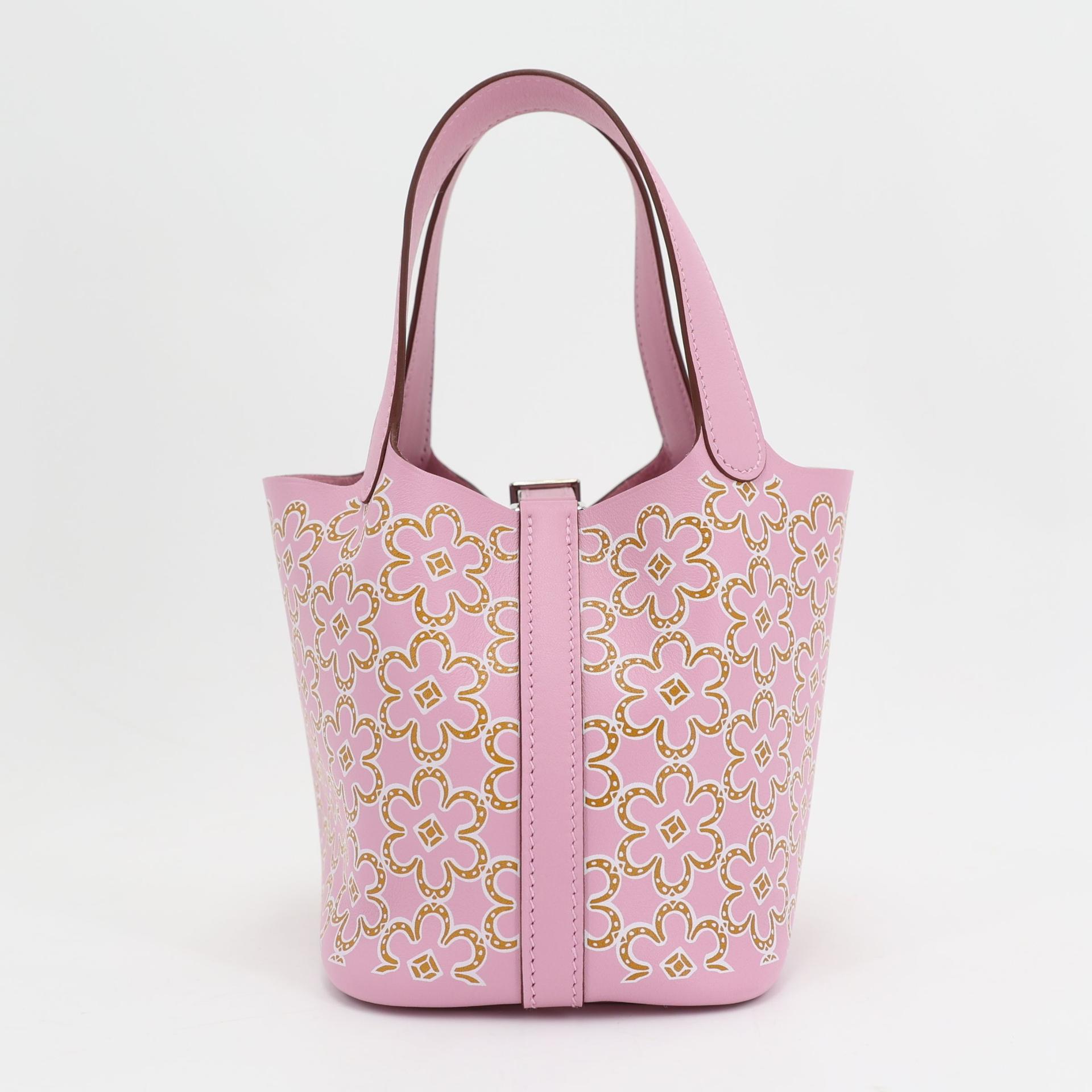 Brand New ( Rank N ) HERMÈS Limited Edition Picotin Lock Micro 14 Lucky Daisy Cuivre (6C) Mauve Sylvestre (X9) White Swift Palladium hardware U (2022) - 2