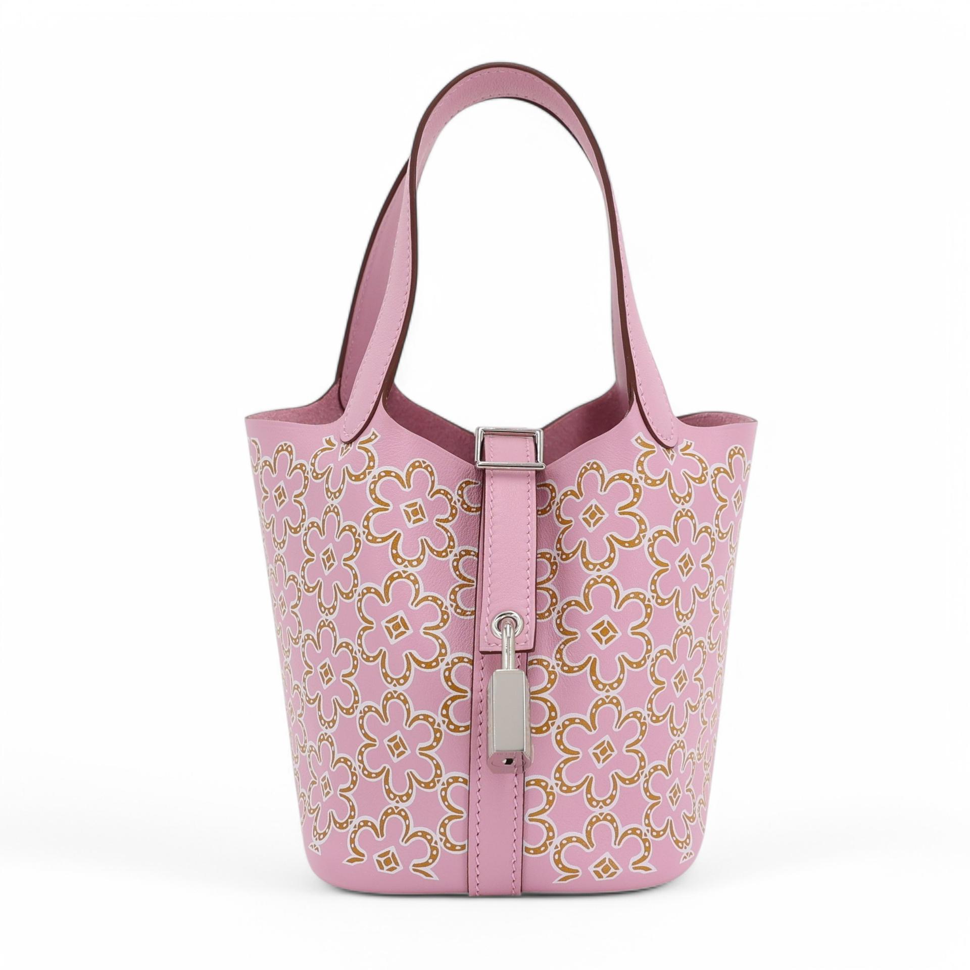 Brand New ( Rank N ) HERMÈS Limited Edition Picotin Lock Micro 14 Lucky Daisy Cuivre (6C) Mauve Sylvestre (X9) White Swift Palladium hardware U (2022) - 1
