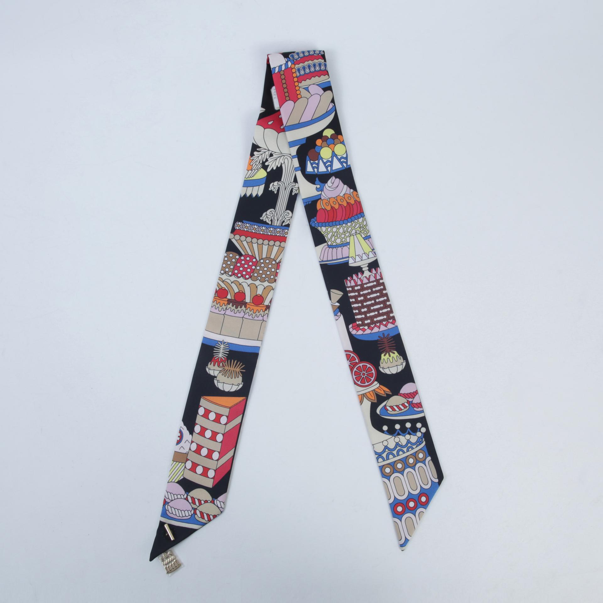 Brand New ( Rank N ) HERMÈS Twilly La Patisserie Francaise charm Black (89) Silk - 2