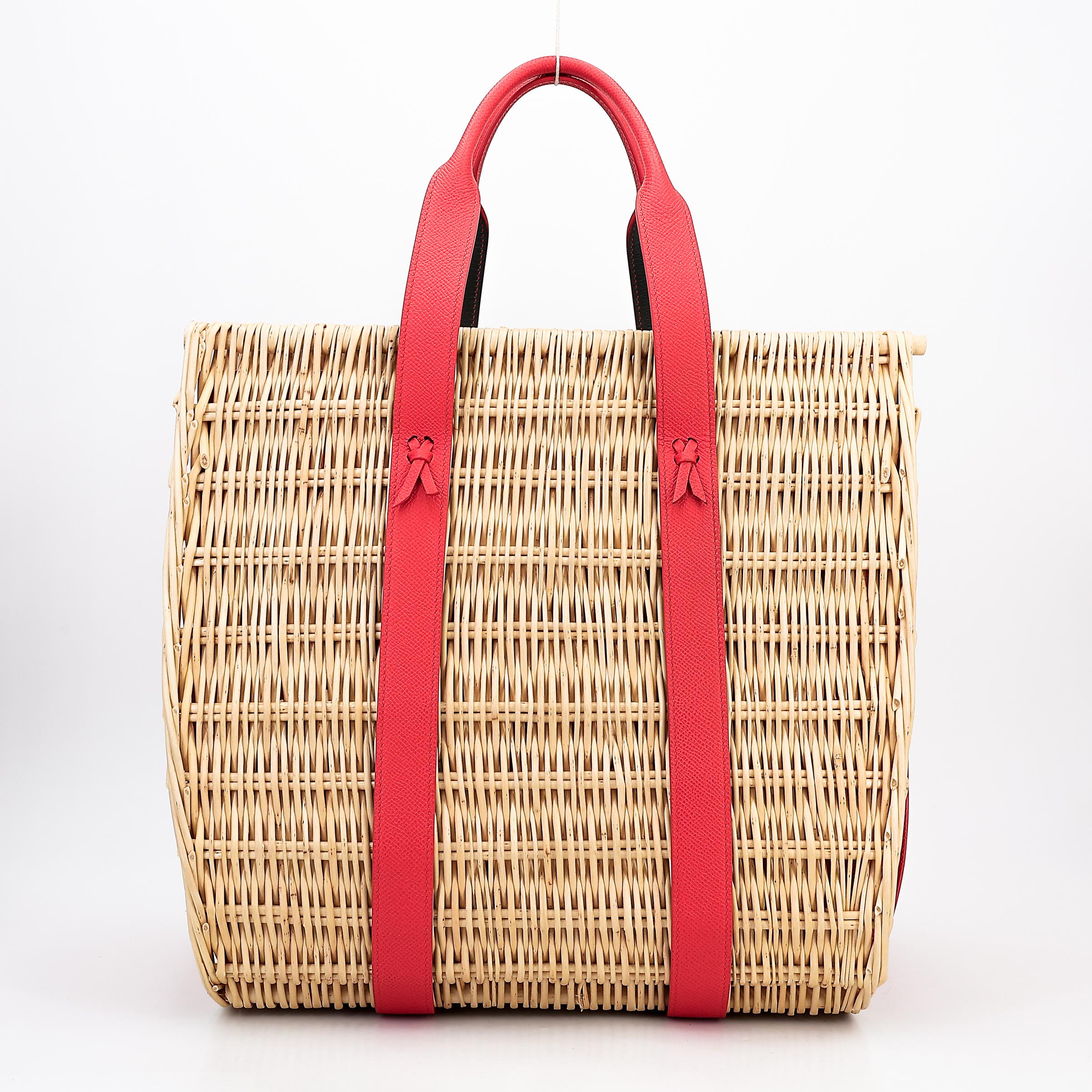 Unused ( Rank NS ) HERMÈS Panier en osier GM Aleatoire Rouge Tomate (S5) Bleu Orage (Y7) Osier Wicker  Epsom - 2