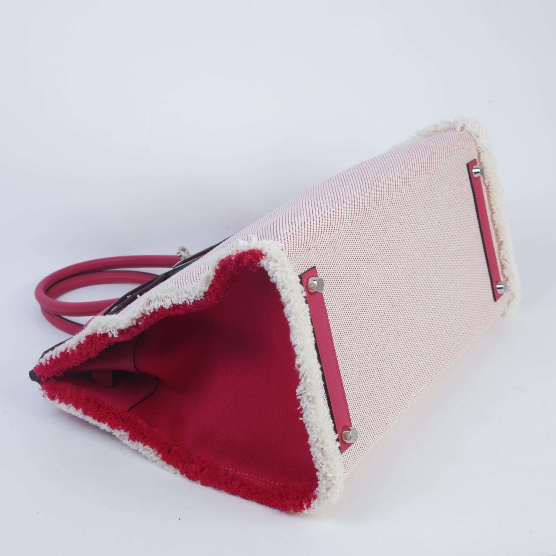 未使用保存品 HERMÈS 愛馬仕 Birkin 35 Fray Fray 90 覆盆子粉 Framboise Toile H 帆布 Swift牛皮 銀扣 Z刻 2021年 - 4