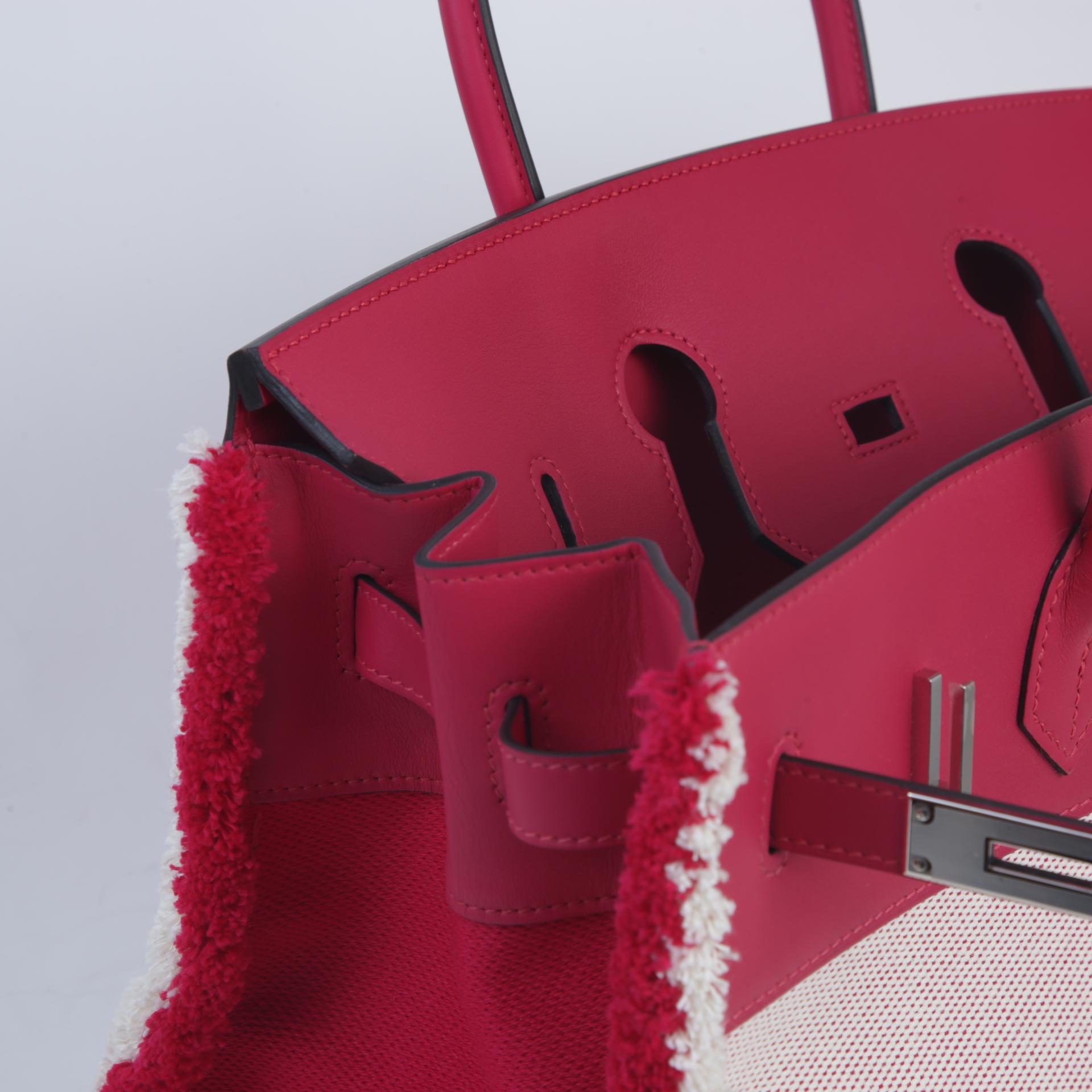 未使用保存品 HERMÈS 愛馬仕 Birkin 35 Fray Fray 90 覆盆子粉 Framboise Toile H 帆布 Swift牛皮 銀扣 Z刻 2021年 - 12