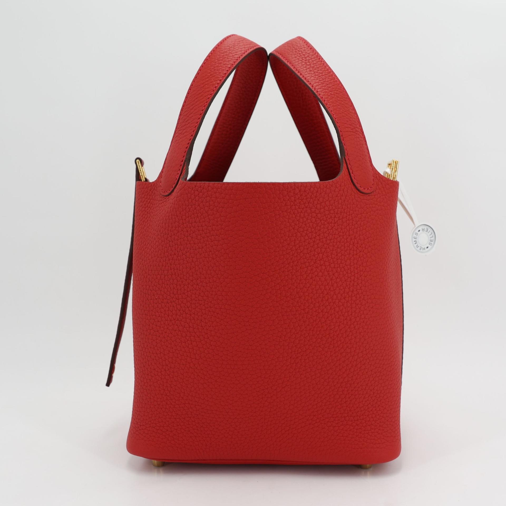 全新 HERMÈS 愛馬仕 Picotin 菜籃子 PM 18 5E 朱砂紅 Vermillon Clemence小牛皮 金扣 W刻 2024年 - 3