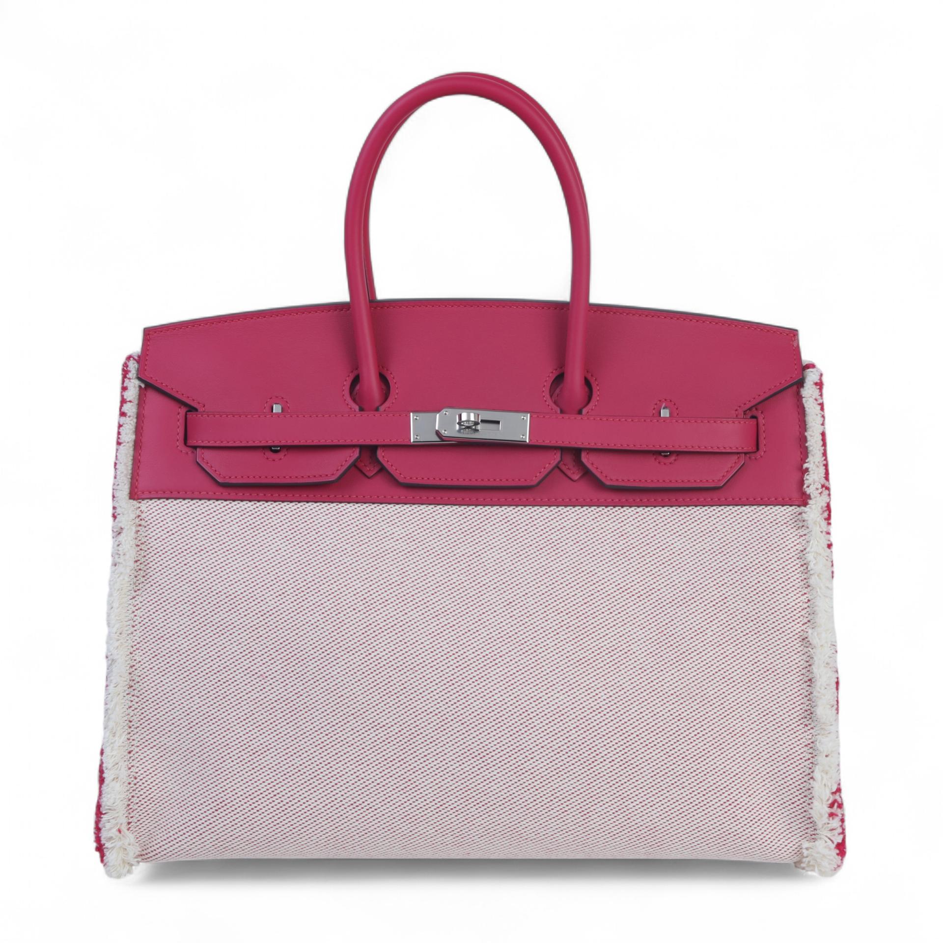未使用保存品 HERMÈS 愛馬仕 Birkin 35 Fray Fray 90 覆盆子粉 Framboise Toile H 帆布 Swift牛皮 銀扣 Z刻 2021年 - 1