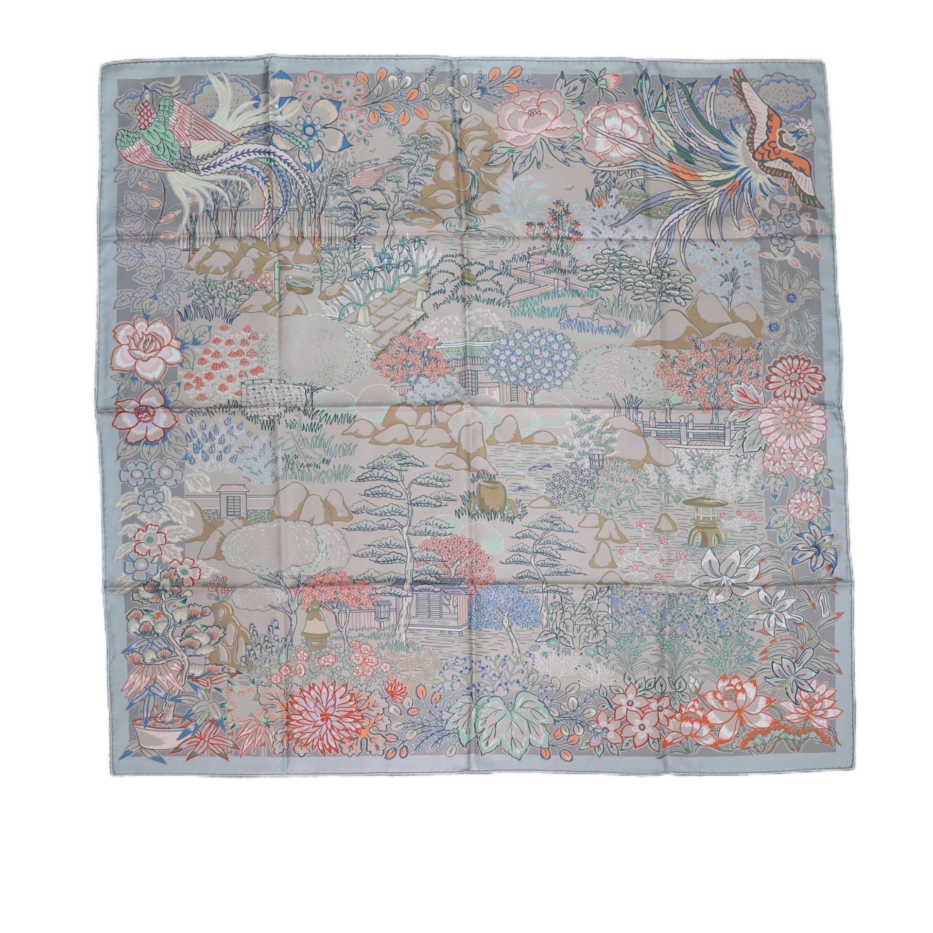 Brand New ( Rank N ) HERMÈS Carre 90 Double Face scarf Mille Feuilles de Soie Orange Gray Silk - 2