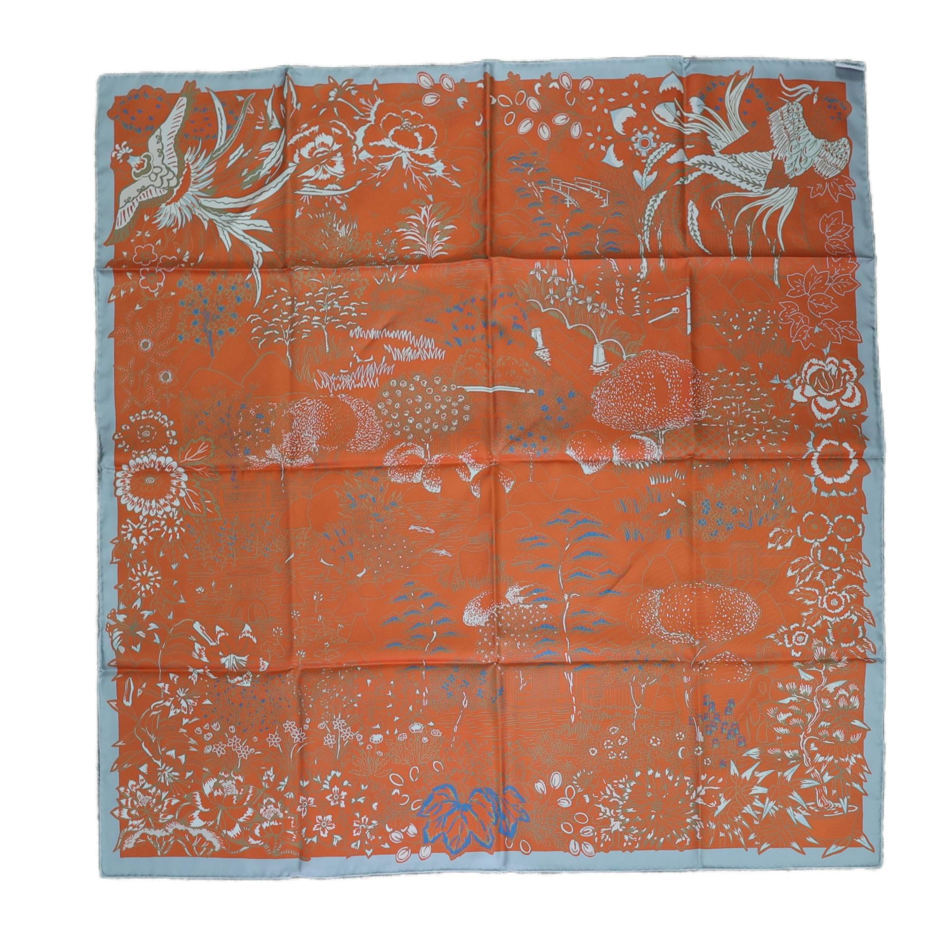 Brand New ( Rank N ) HERMÈS Carre 90 Double Face scarf Mille Feuilles de Soie Orange Gray Silk - 1