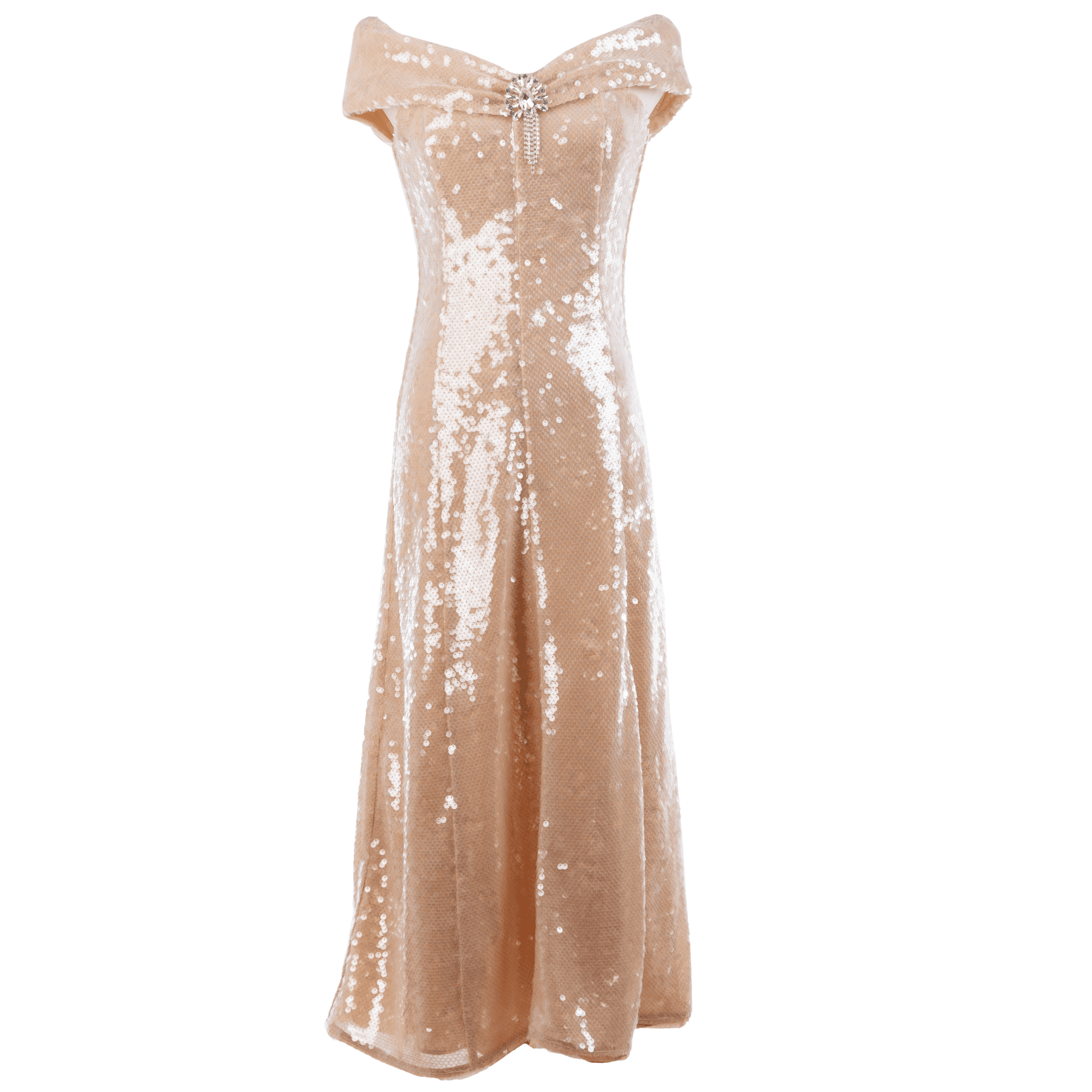 SELF-PORTRAIT Gold Sequin Off Shoulder Midi Dress