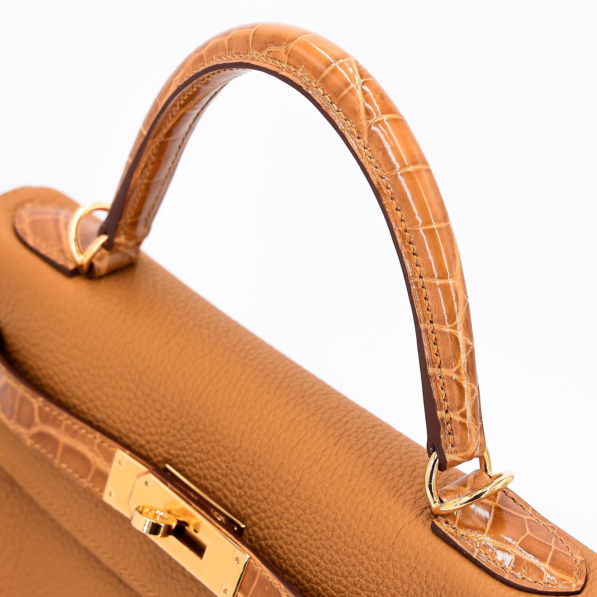 Unused ( Rank NS ) HERMÈS Kelly 28 Touch Tabac Camel (24) Togo Shiny Niloticus Crocodile Gold hardware U (2022) - 3
