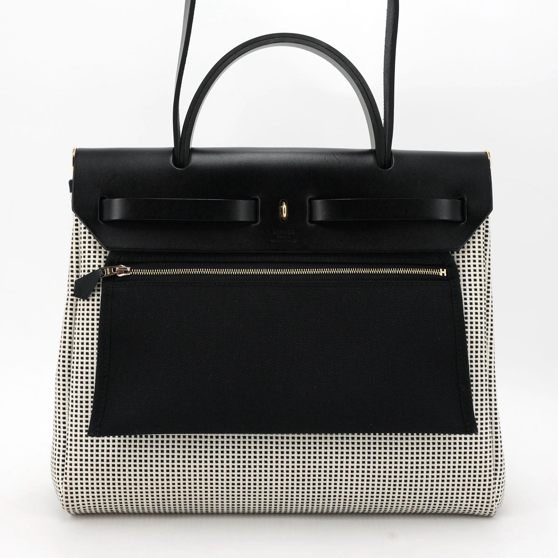 Excellent ( Rank SA ) HERMÈS Herbag PM Black (89) Ecru Vache Hunter Toile Quadrille canvas Gold hardware B (2023) - 2