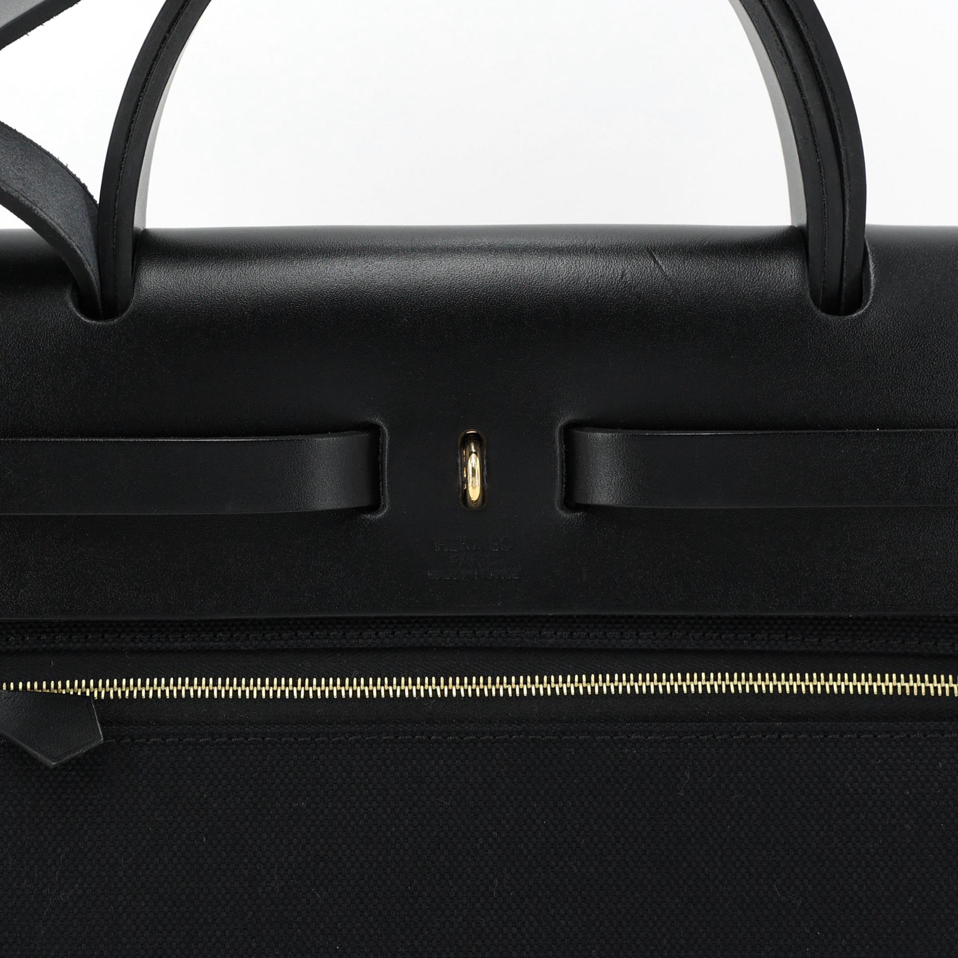Excellent ( Rank SA ) HERMÈS Herbag PM Black (89) Ecru Vache Hunter Toile Quadrille canvas Gold hardware B (2023) - 10