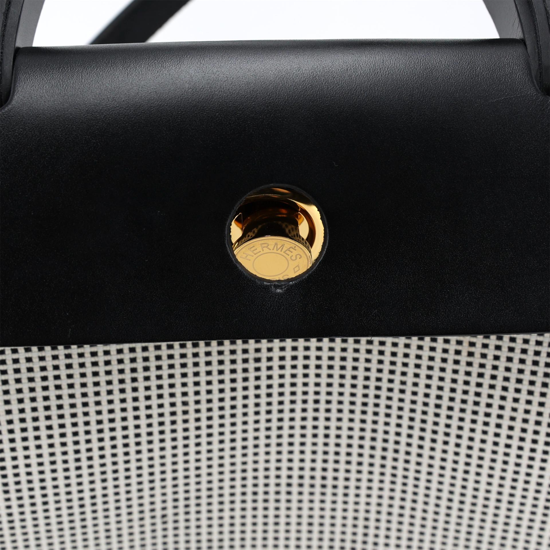 Excellent ( Rank SA ) HERMÈS Herbag PM Black (89) Ecru Vache Hunter Toile Quadrille canvas Gold hardware B (2023) - 12
