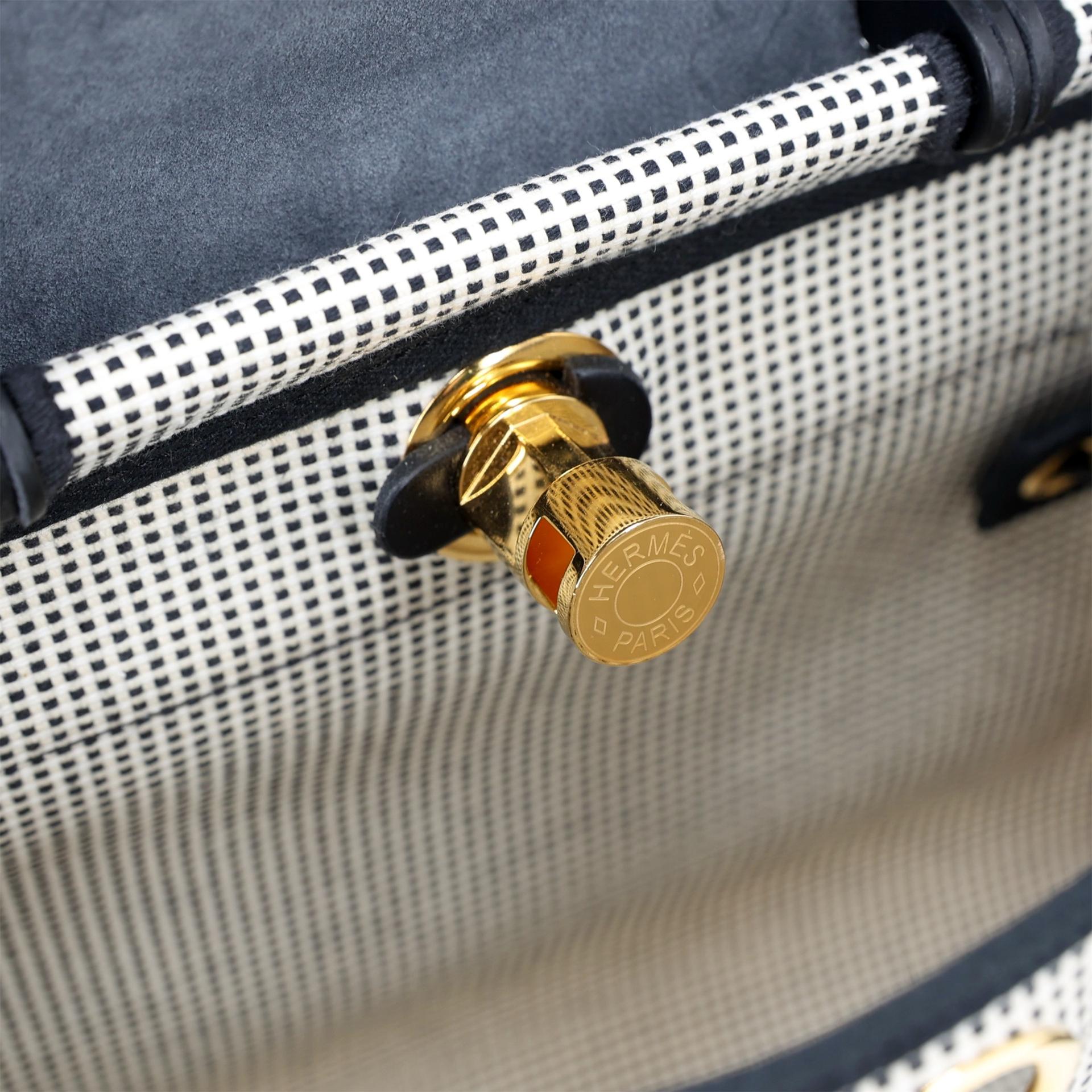 Excellent ( Rank SA ) HERMÈS Herbag PM Black (89) Ecru Vache Hunter Toile Quadrille canvas Gold hardware B (2023) - 15