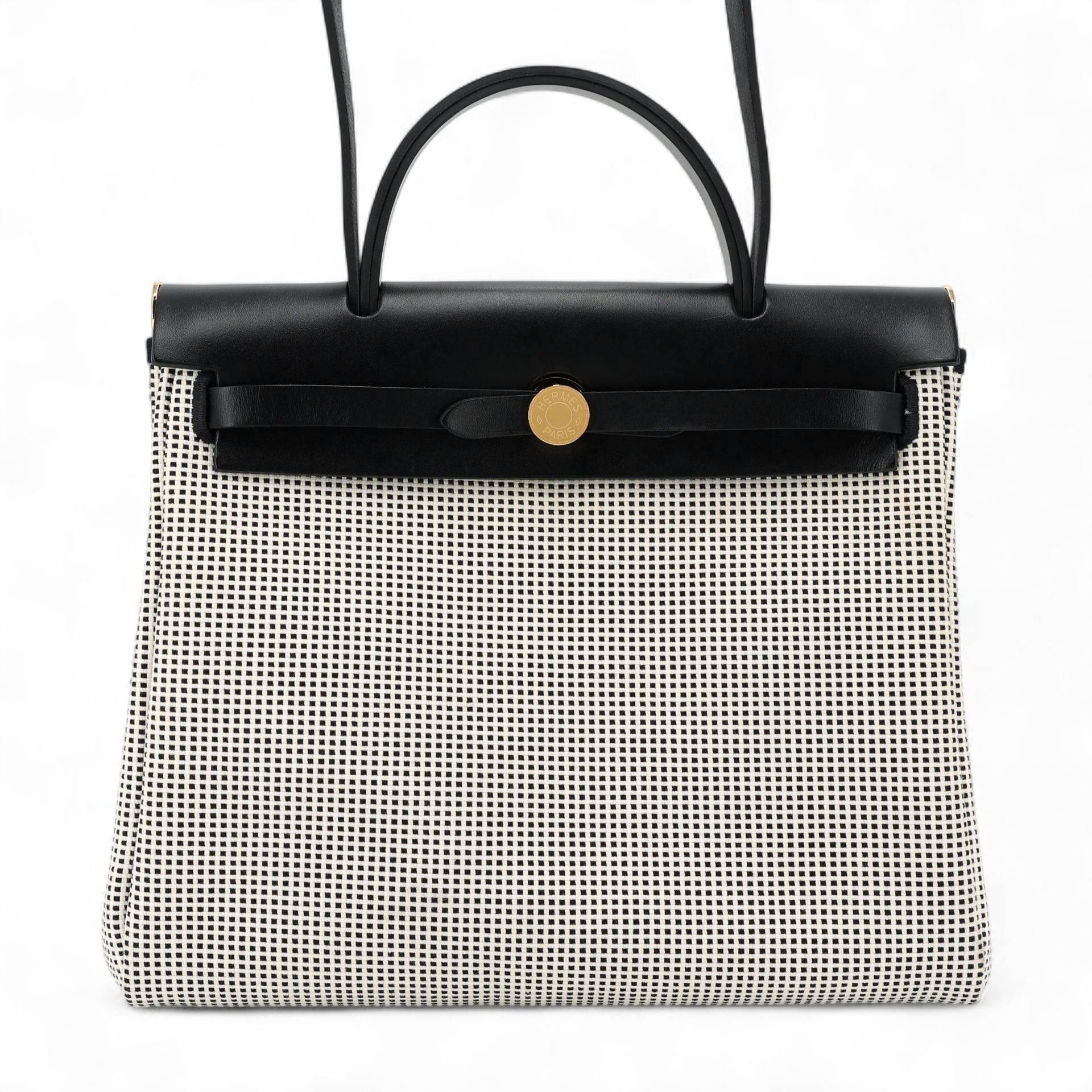 Excellent ( Rank SA ) HERMÈS Herbag PM Black (89) Ecru Vache Hunter Toile Quadrille canvas Gold hardware B (2023) - 1