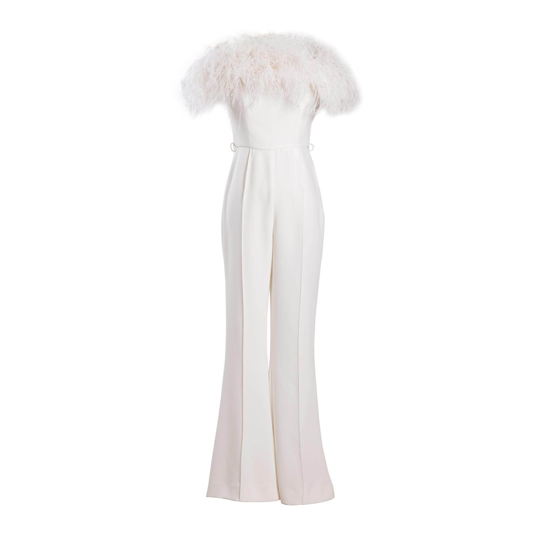 Excellent ( Rank SA )SELF-PORTRAIT White Feather Jumpsuit White - 1