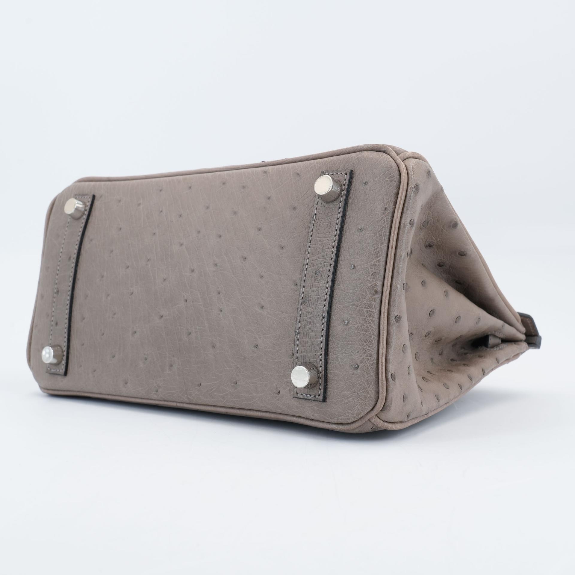 Very Good ( Rank A) HERMÈS Birkin 25 Gris Tourterelle (81) Ostrich Palladium hardware Square P (2012) - 5