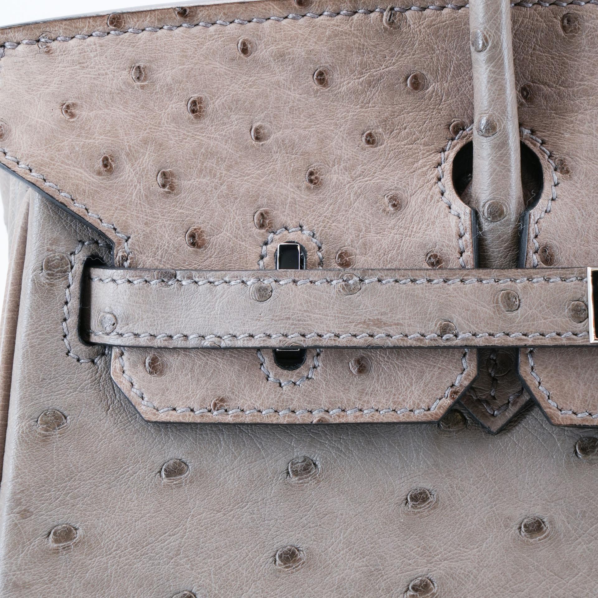 Very Good ( Rank A) HERMÈS Birkin 25 Gris Tourterelle (81) Ostrich Palladium hardware Square P (2012) - 12