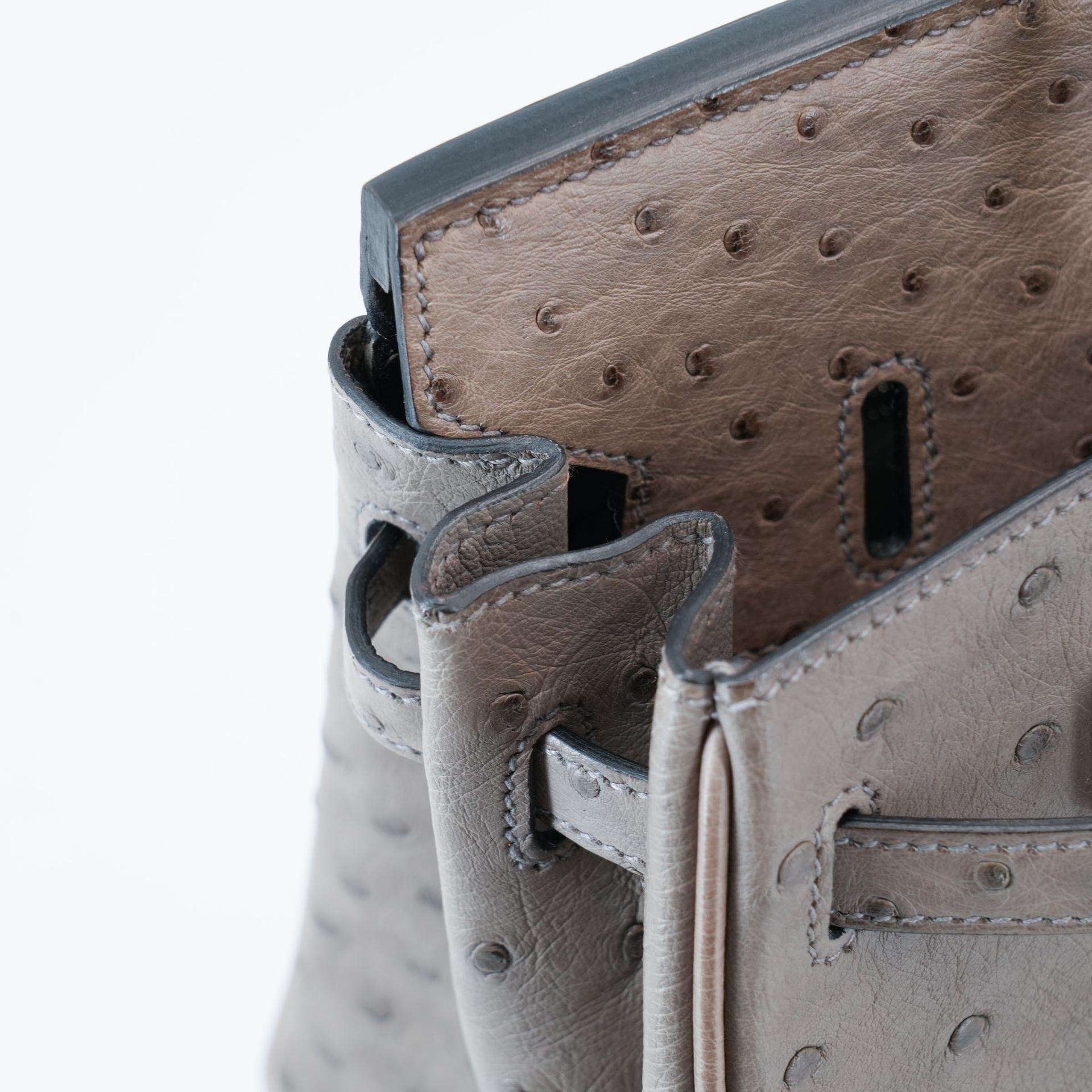 Very Good ( Rank A) HERMÈS Birkin 25 Gris Tourterelle (81) Ostrich Palladium hardware Square P (2012) - 20