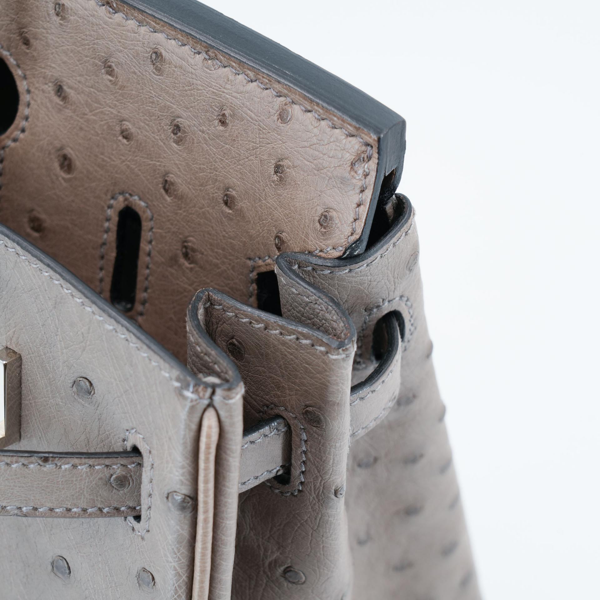 Very Good ( Rank A) HERMÈS Birkin 25 Gris Tourterelle (81) Ostrich Palladium hardware Square P (2012) - 21