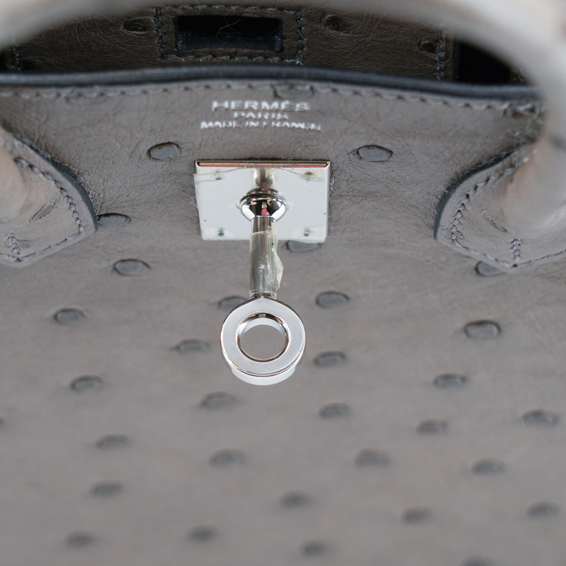 Very Good ( Rank A) HERMÈS Birkin 25 Gris Tourterelle (81) Ostrich Palladium hardware Square P (2012) - 17