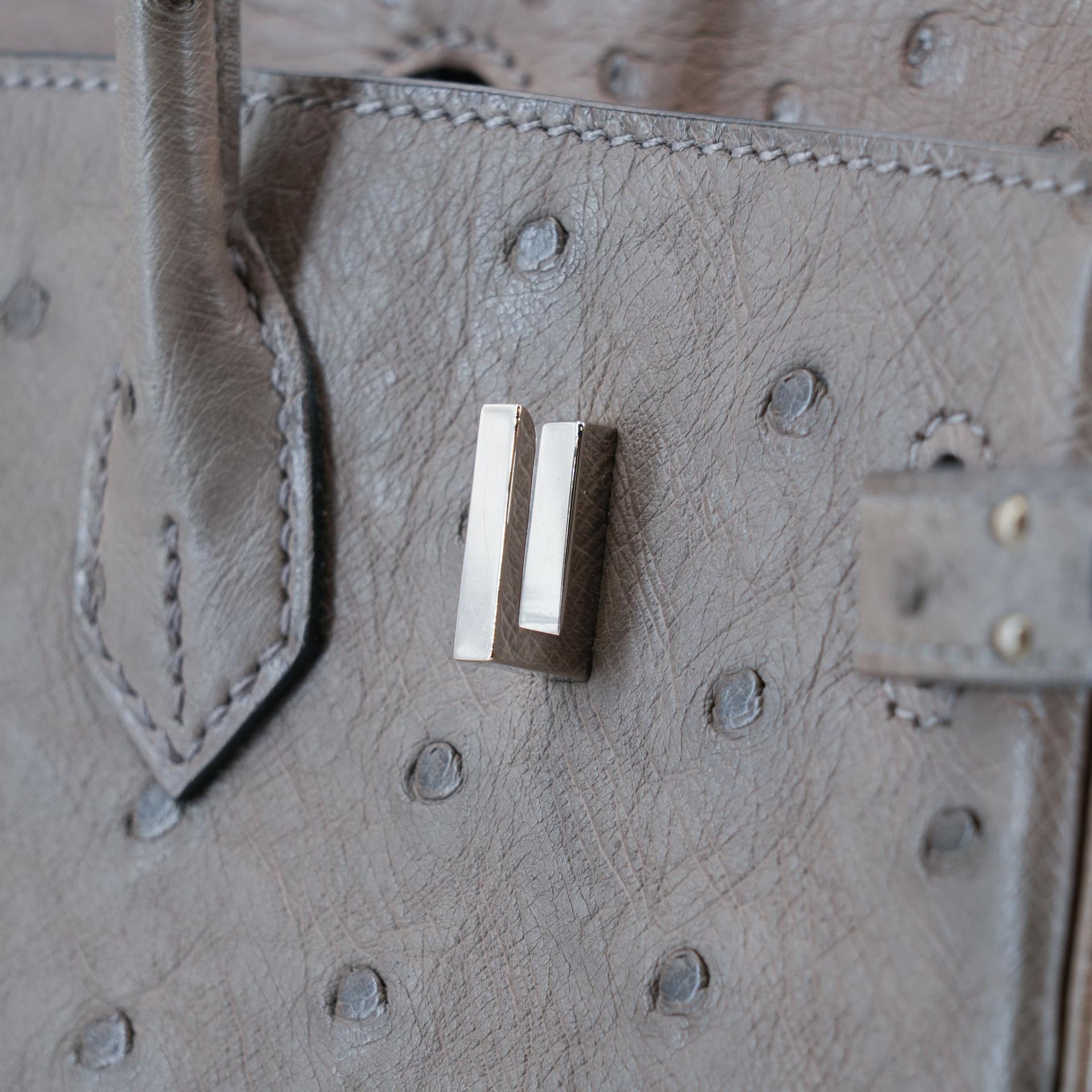Very Good ( Rank A) HERMÈS Birkin 25 Gris Tourterelle (81) Ostrich Palladium hardware Square P (2012) - 15