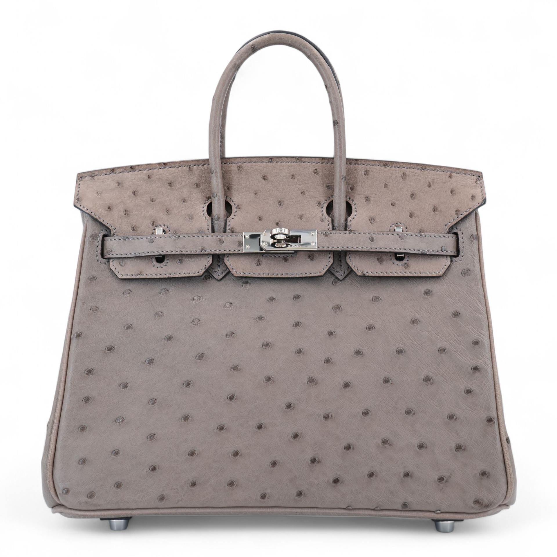 Very Good ( Rank A) HERMÈS Birkin 25 Gris Tourterelle (81) Ostrich Palladium hardware Square P (2012) - 1