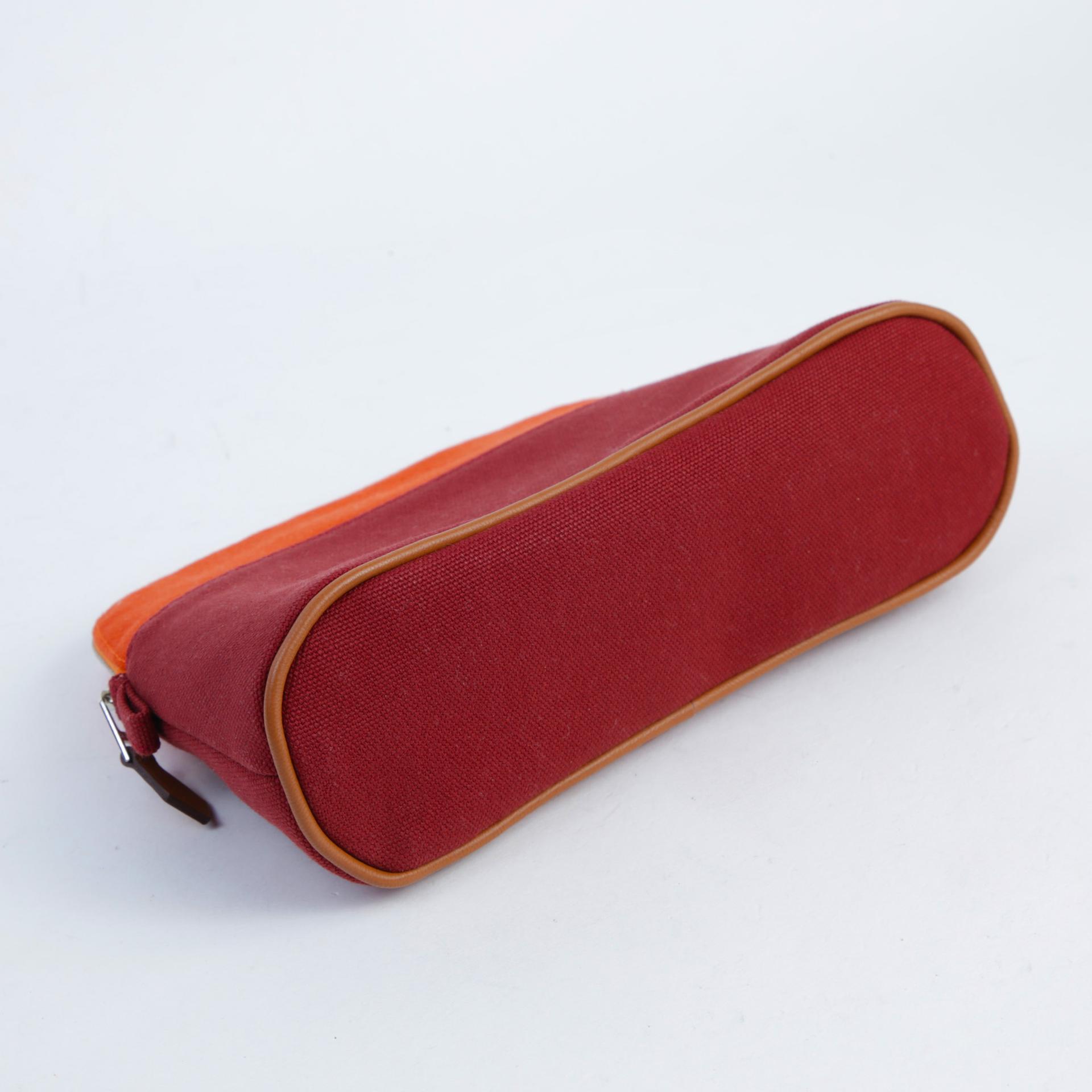 未使用保存品  HERMÈS 愛馬仕  Bolide PM化妝包 橙色 0G 馬鞍紅 Rouge Sellier 織布 銀扣 - 3