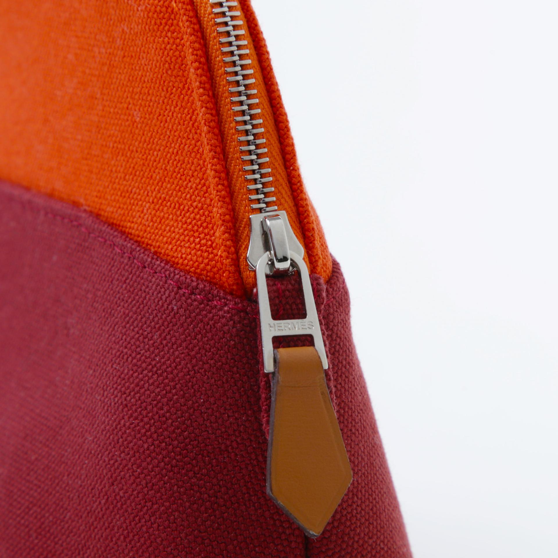 未使用保存品  HERMÈS 愛馬仕  Bolide PM化妝包 橙色 0G 馬鞍紅 Rouge Sellier 織布 銀扣 - 6