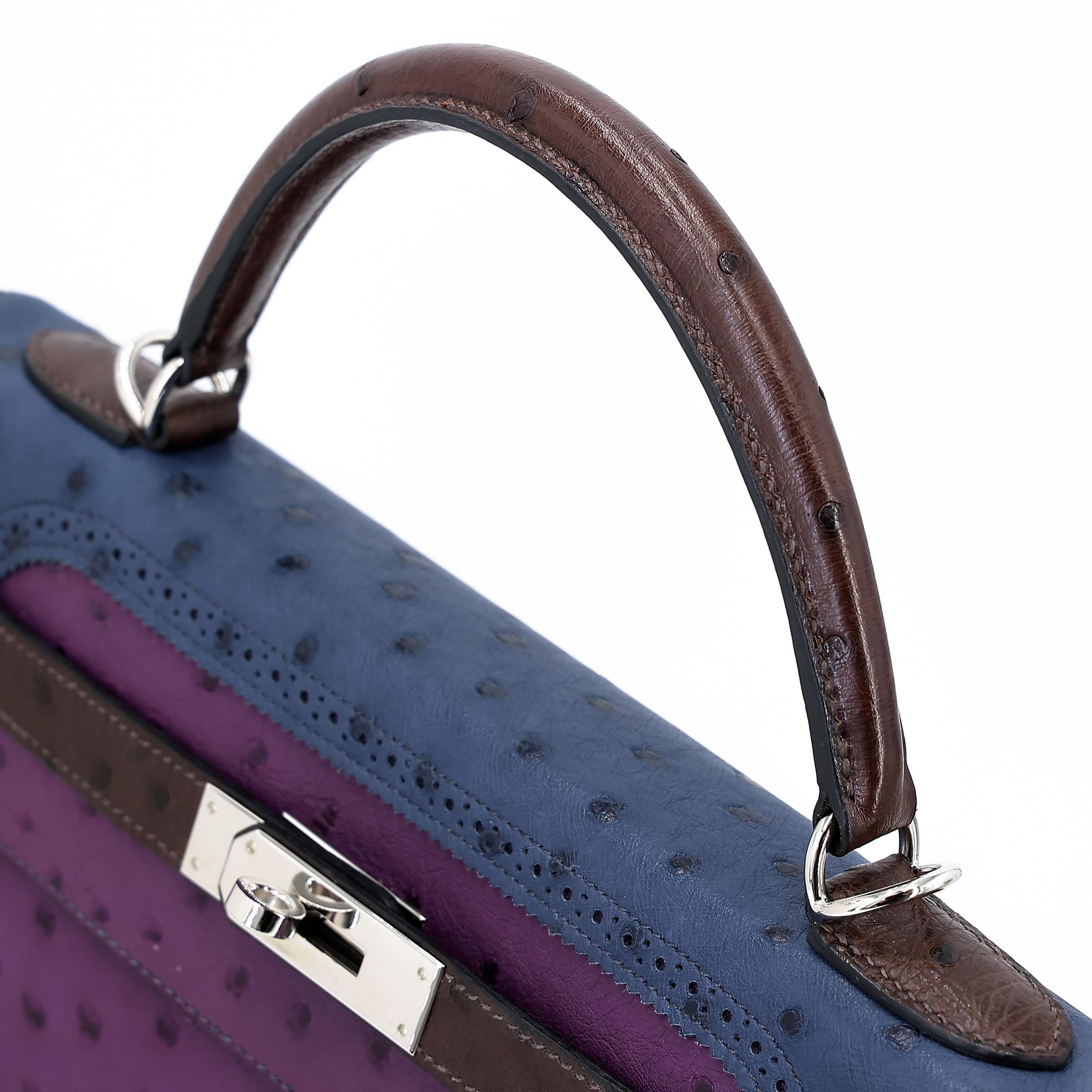 Very Good ( Rank A) HERMÈS Kelly Ghillies 32 Violet (96) Bleu de Malte (7L) Marron Fonce (45) Ostrich Palladium hardware Square R (2014) - 5