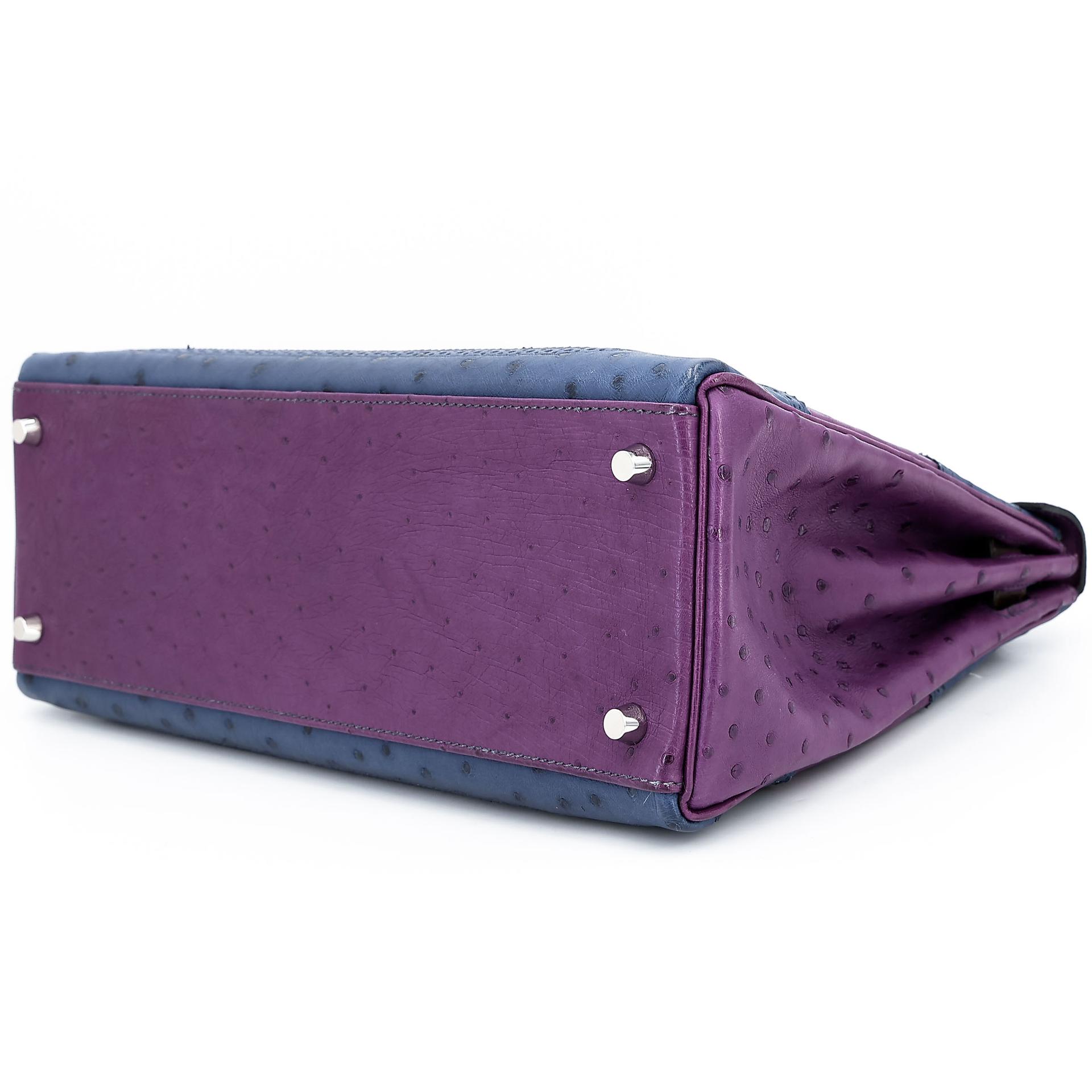 Very Good ( Rank A) HERMÈS Kelly Ghillies 32 Violet (96) Bleu de Malte (7L) Marron Fonce (45) Ostrich Palladium hardware Square R (2014) - 6
