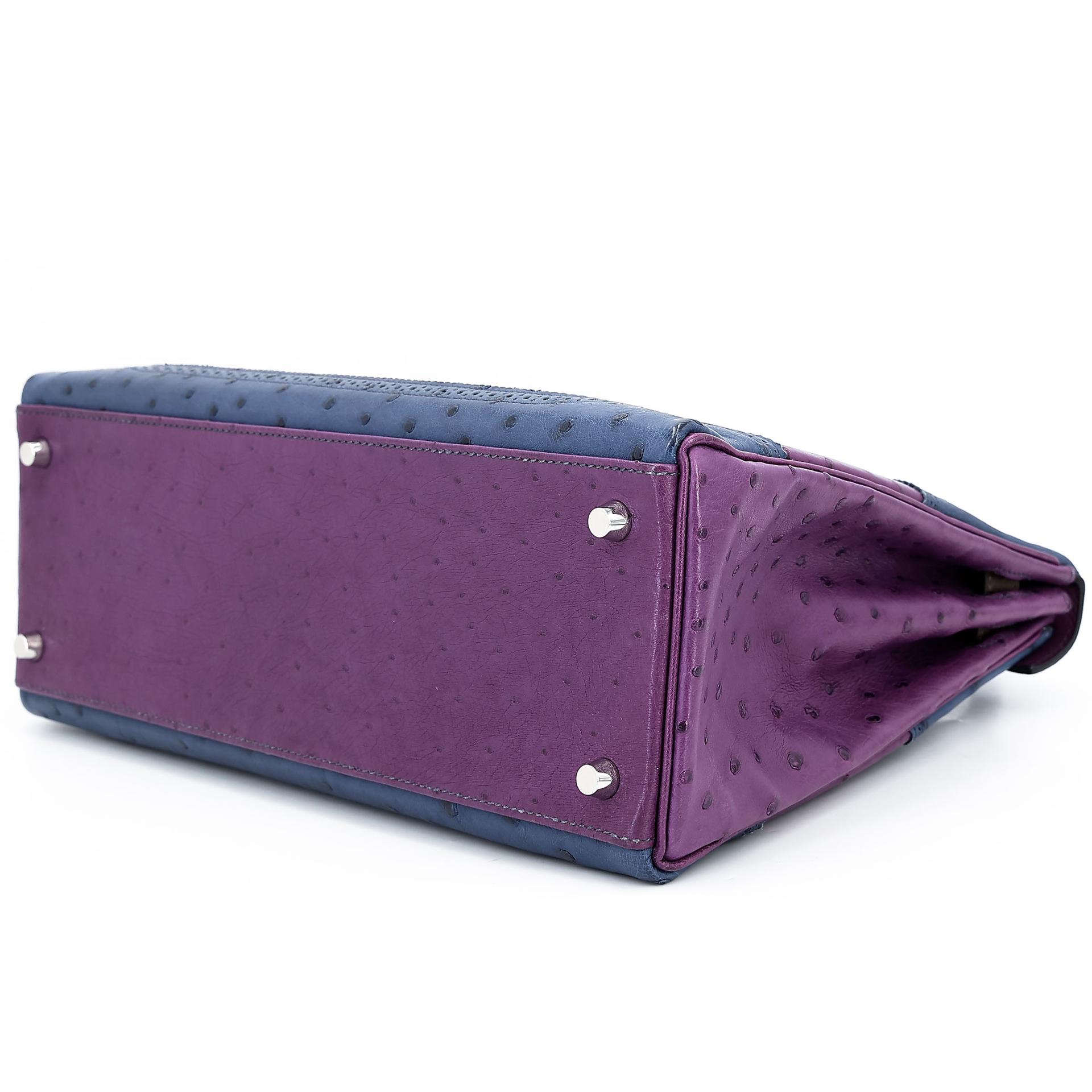 Very Good ( Rank A) HERMÈS Kelly Ghillies 32 Violet (96) Bleu de Malte (7L) Marron Fonce (45) Ostrich Palladium hardware Square R (2014) - 8