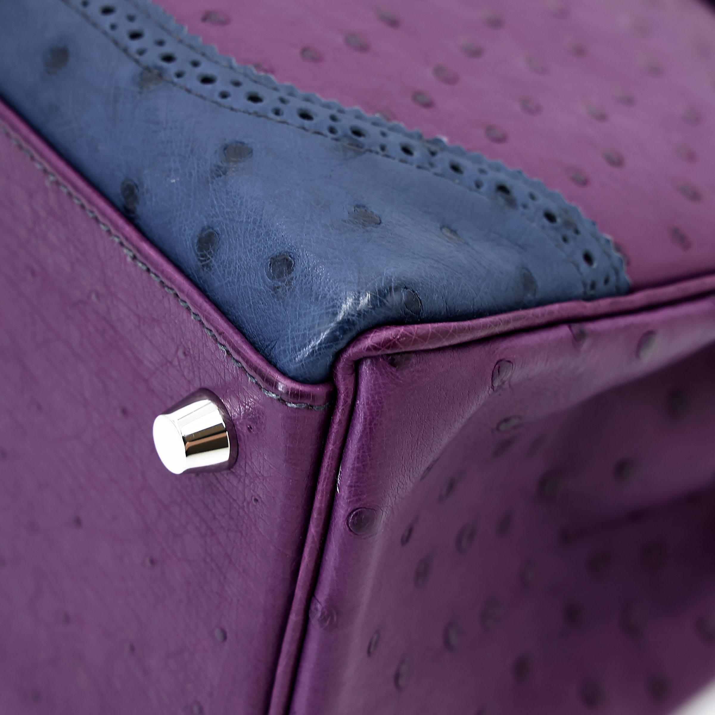 Very Good ( Rank A) HERMÈS Kelly Ghillies 32 Violet (96) Bleu de Malte (7L) Marron Fonce (45) Ostrich Palladium hardware Square R (2014) - 10
