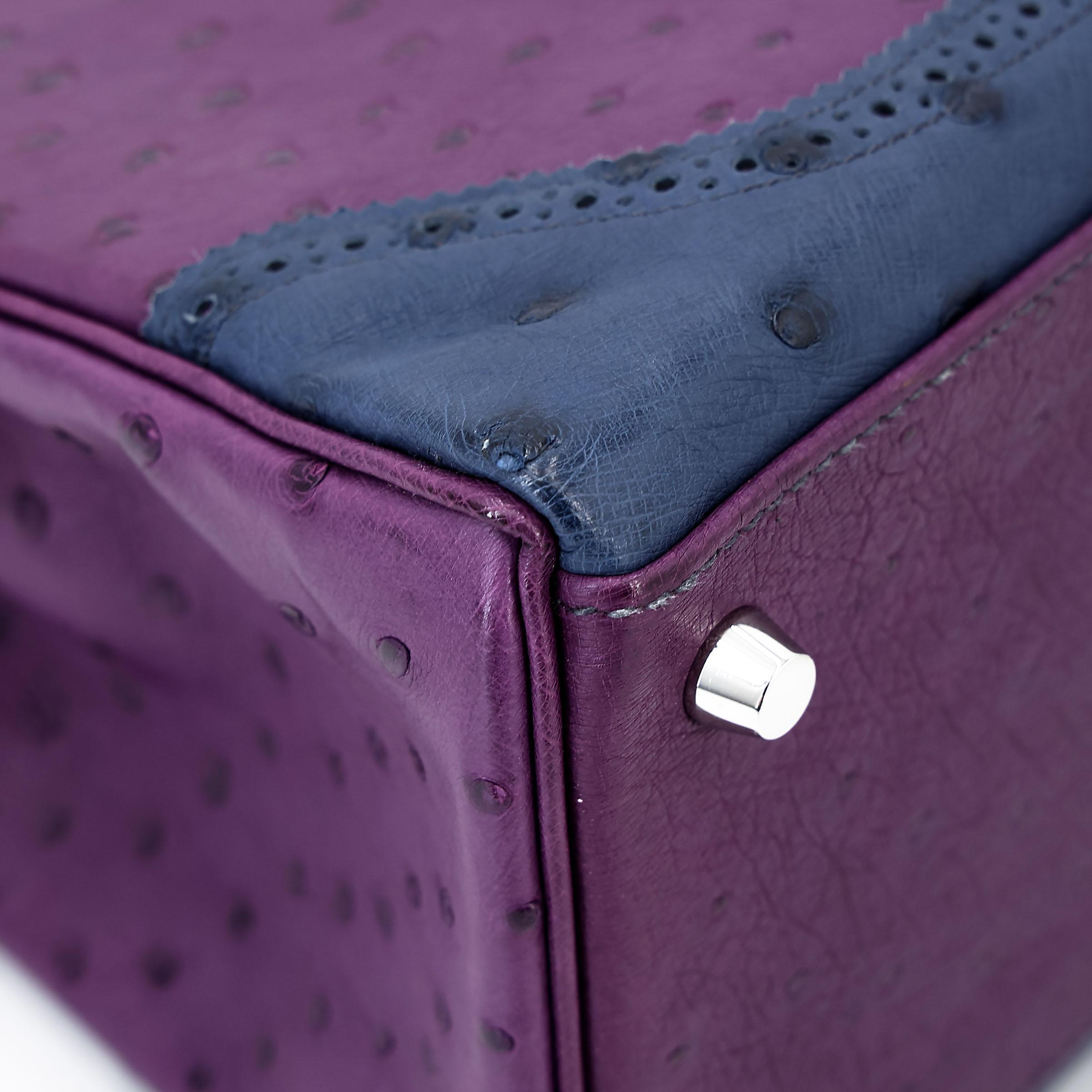 Very Good ( Rank A) HERMÈS Kelly Ghillies 32 Violet (96) Bleu de Malte (7L) Marron Fonce (45) Ostrich Palladium hardware Square R (2014) - 11