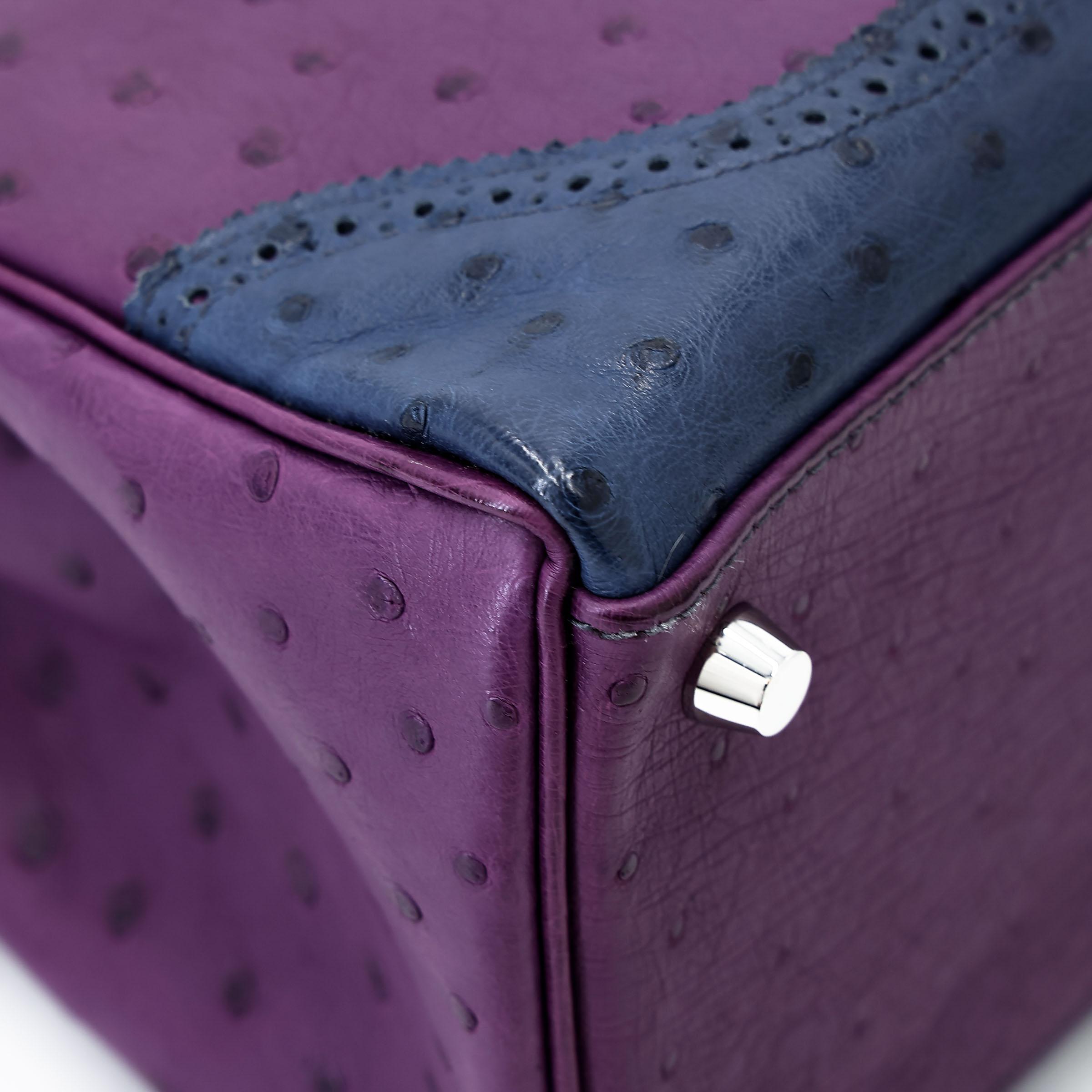 Very Good ( Rank A) HERMÈS Kelly Ghillies 32 Violet (96) Bleu de Malte (7L) Marron Fonce (45) Ostrich Palladium hardware Square R (2014) - 13