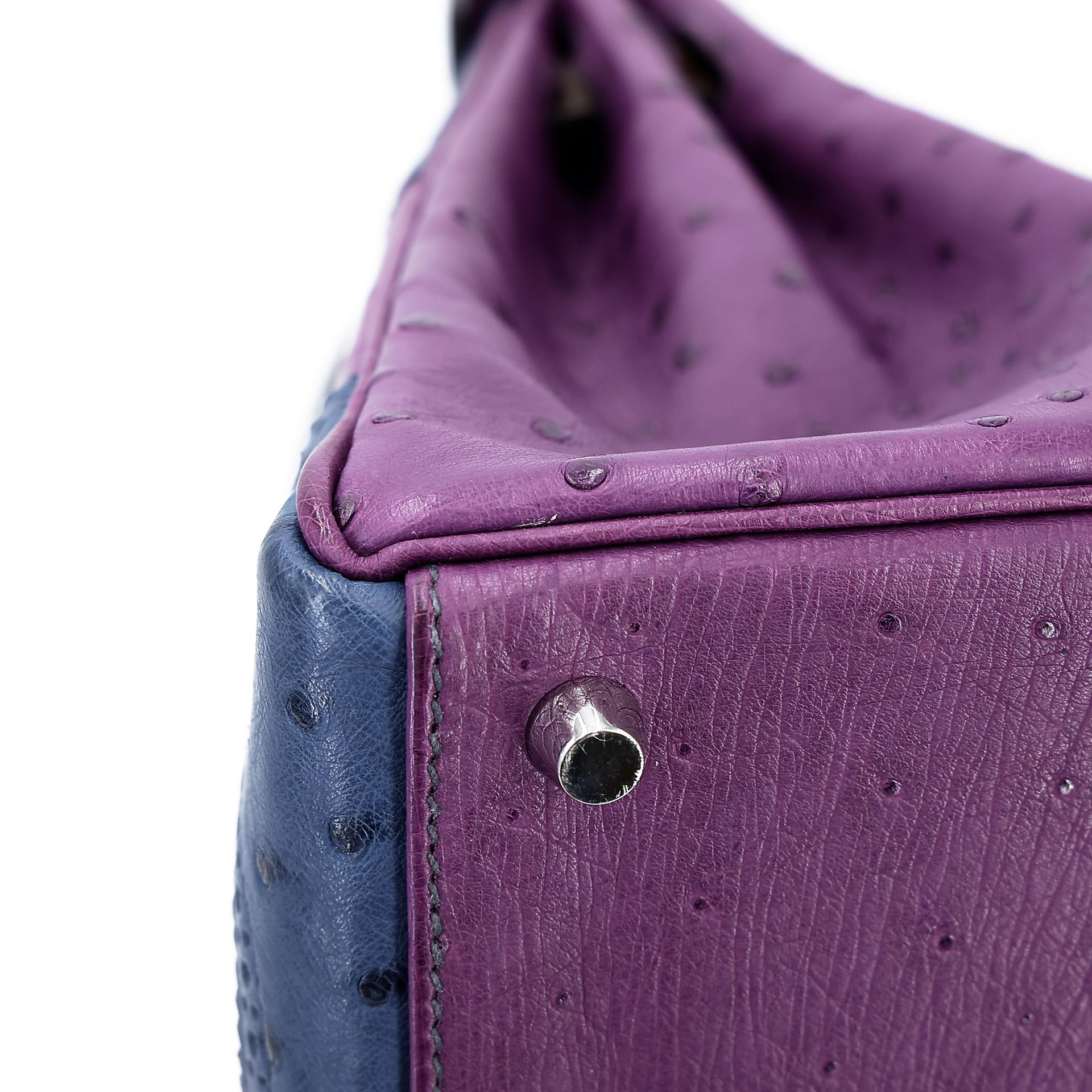 Very Good ( Rank A) HERMÈS Kelly Ghillies 32 Violet (96) Bleu de Malte (7L) Marron Fonce (45) Ostrich Palladium hardware Square R (2014) - 14