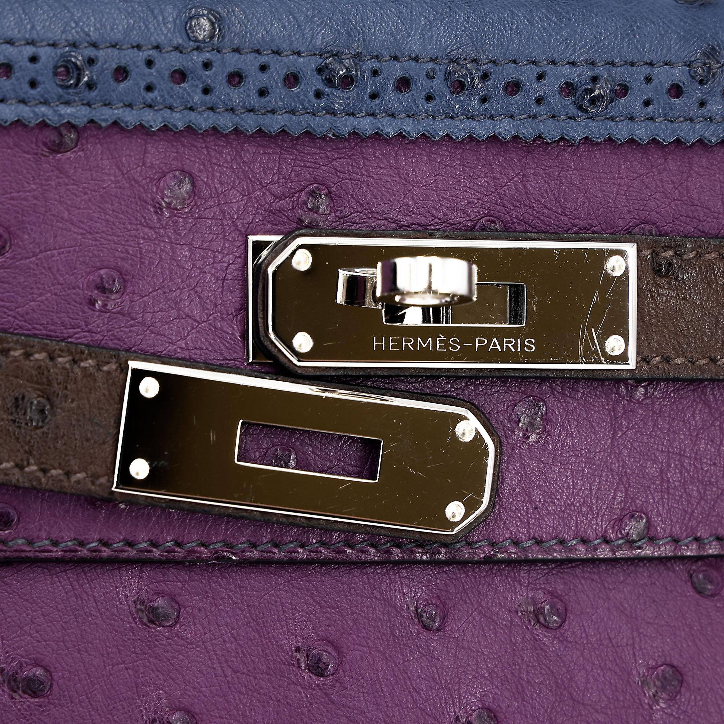 Very Good ( Rank A) HERMÈS Kelly Ghillies 32 Violet (96) Bleu de Malte (7L) Marron Fonce (45) Ostrich Palladium hardware Square R (2014) - 15
