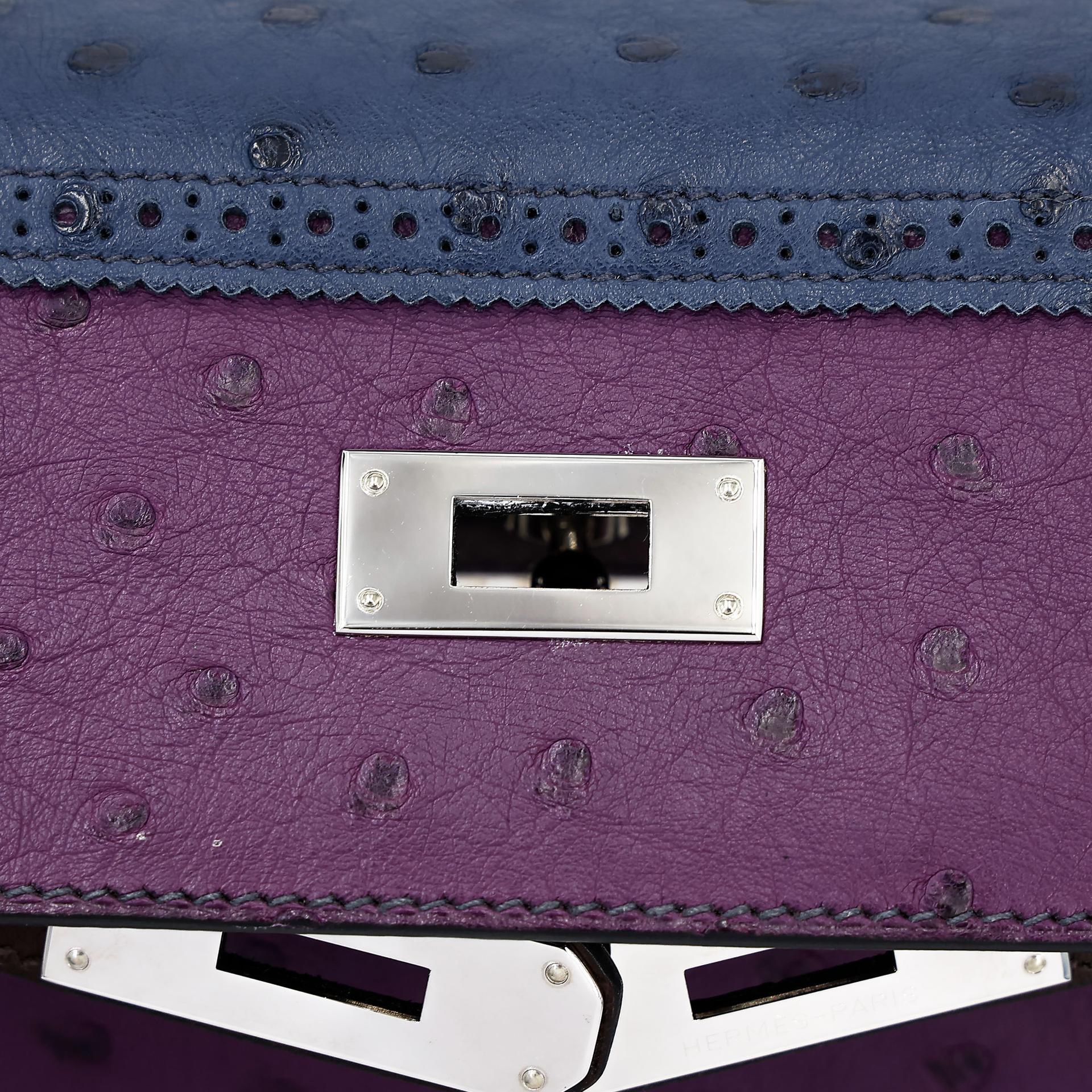 Very Good ( Rank A) HERMÈS Kelly Ghillies 32 Violet (96) Bleu de Malte (7L) Marron Fonce (45) Ostrich Palladium hardware Square R (2014) - 17